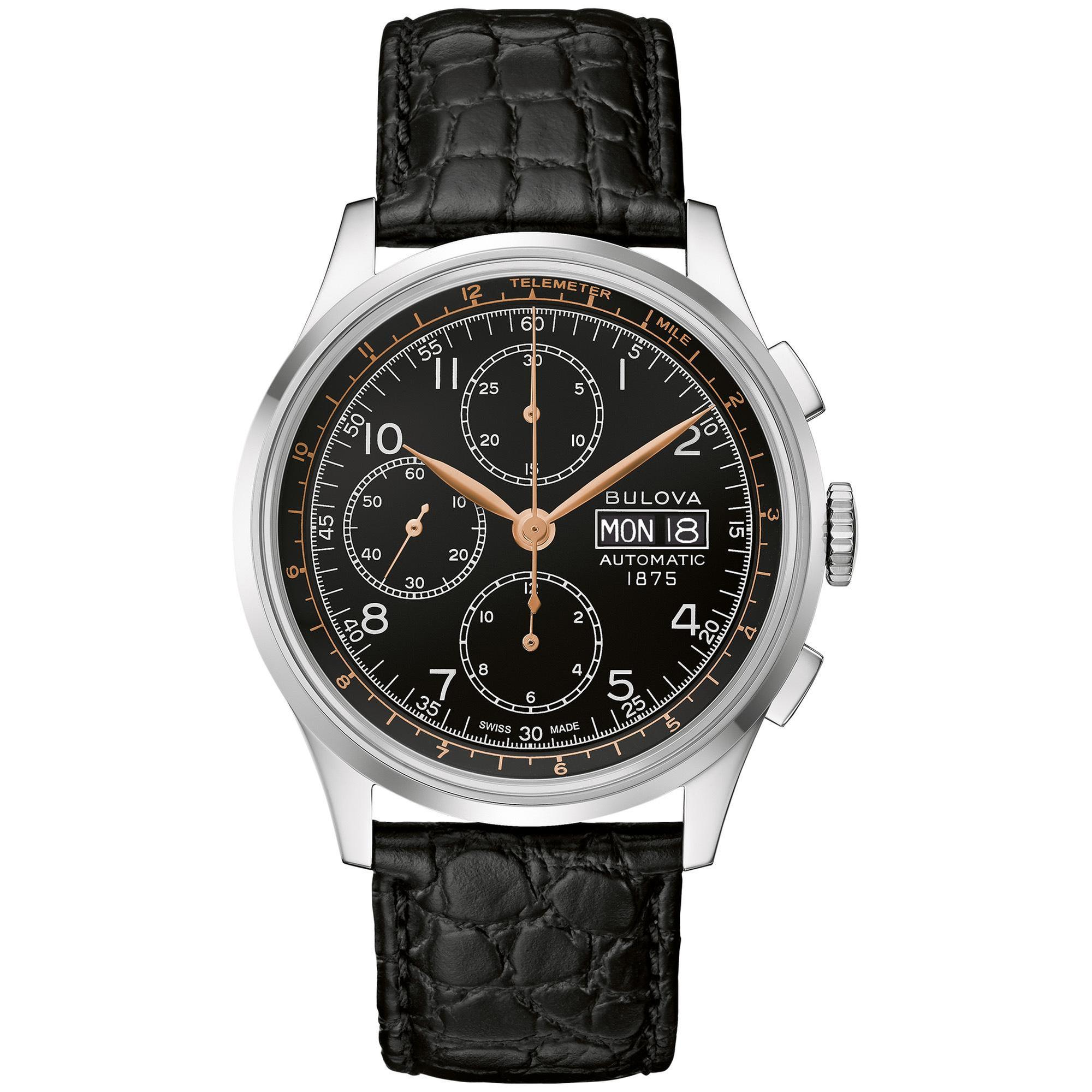 Men's Joseph  Black Chronograph Dial and Black Leather Strap Watch | 42mm | - Bulova 96C146