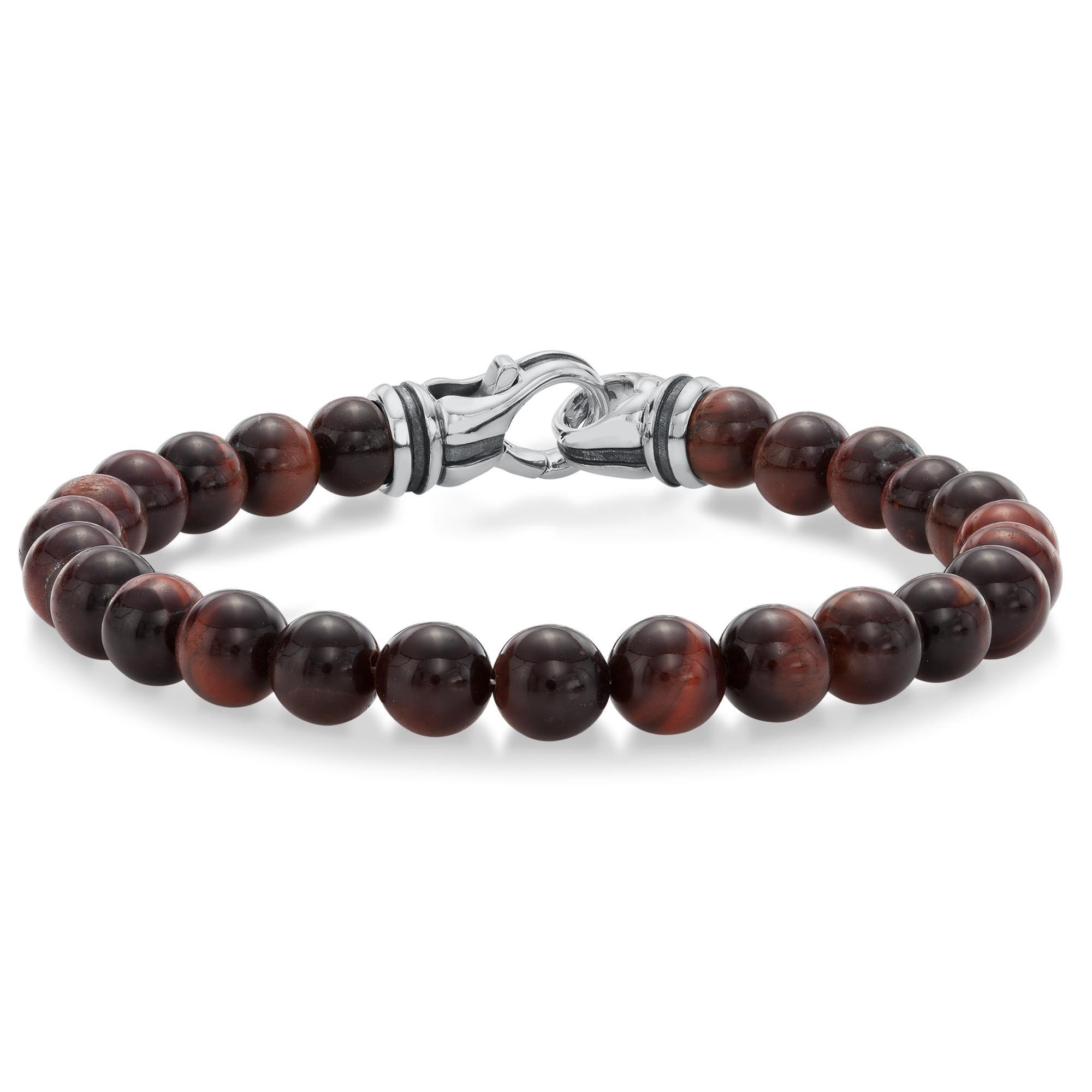 Men's Red Tiger's Eye Beaded Bracelet with Sterling Silver Clasp