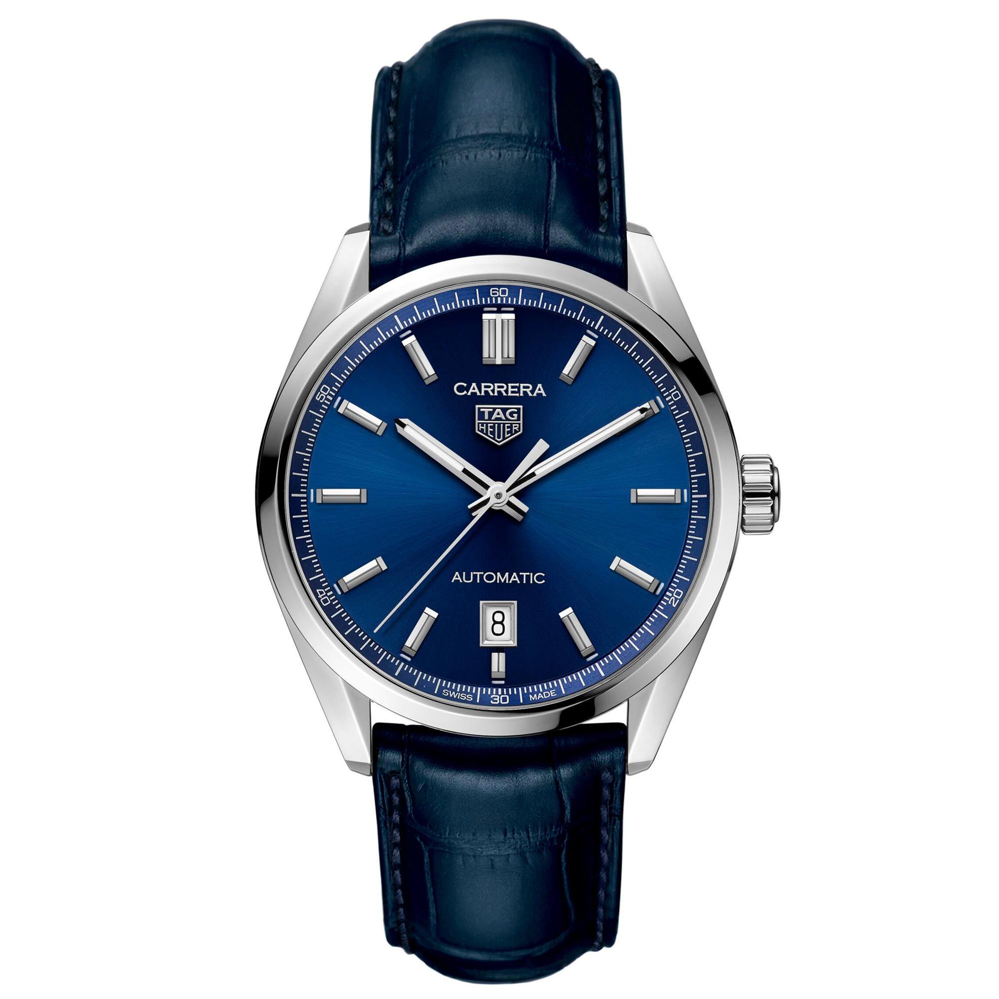 Men's TAG Heuer CARRERA Date Blue Leather Strap Watch | Blue Dial