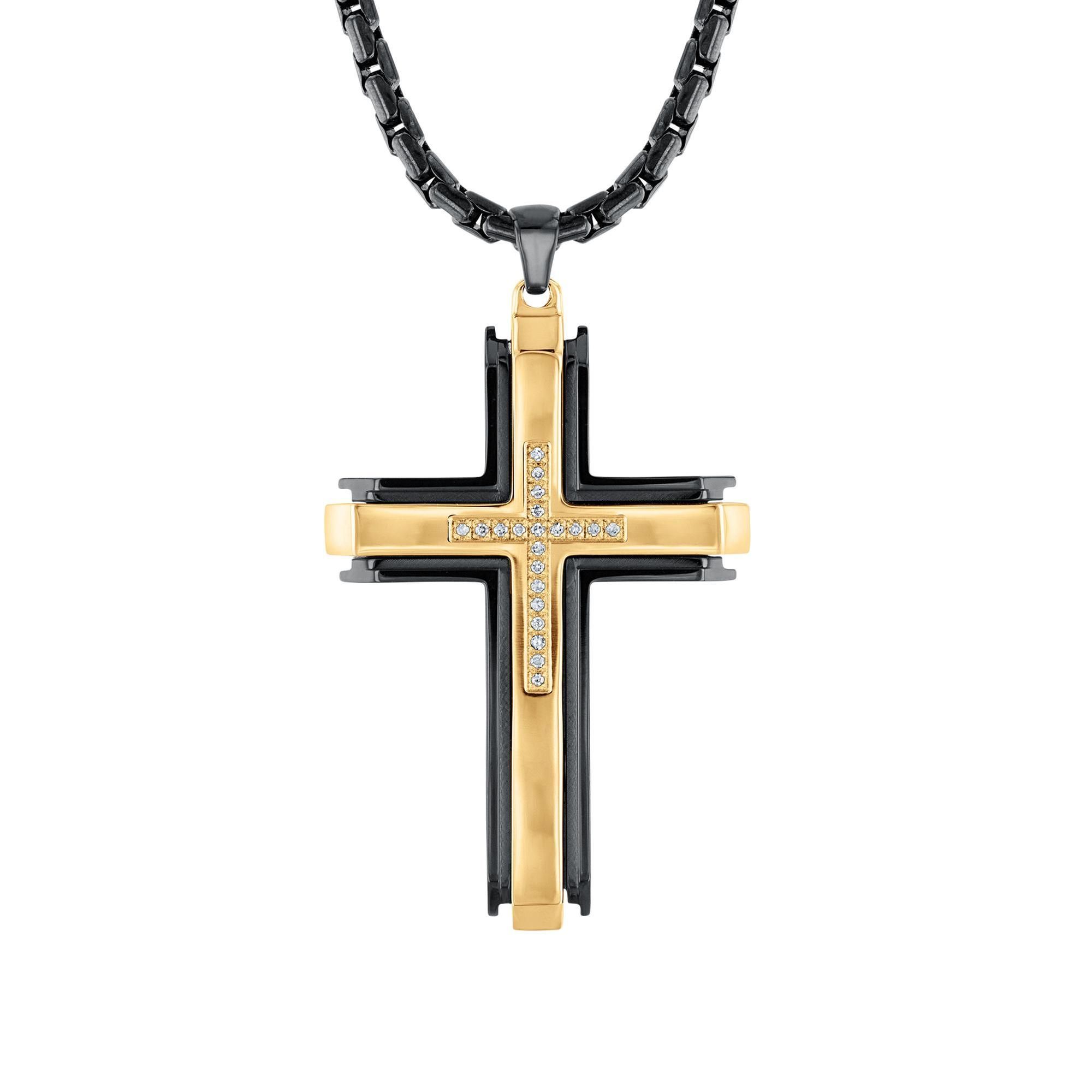 Men's Two-Tone Diamond Cross Pendant Necklace 1/10ctw