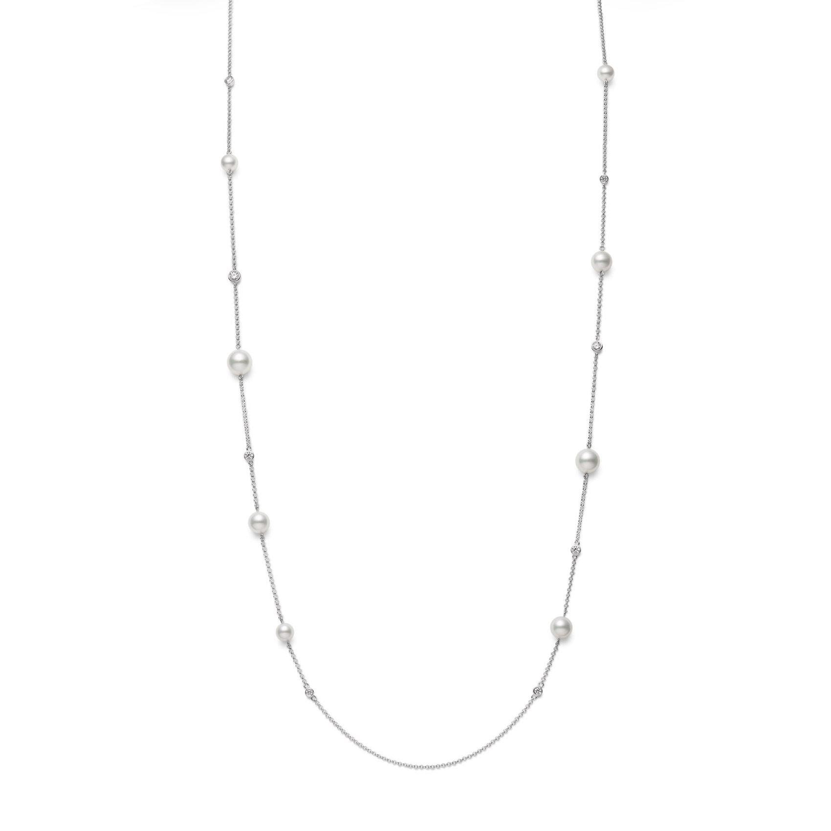 MIKIMOTO 7.5-5.5mm Akoya Cultured Pearl and Diamond Station Necklace 1/2ctw