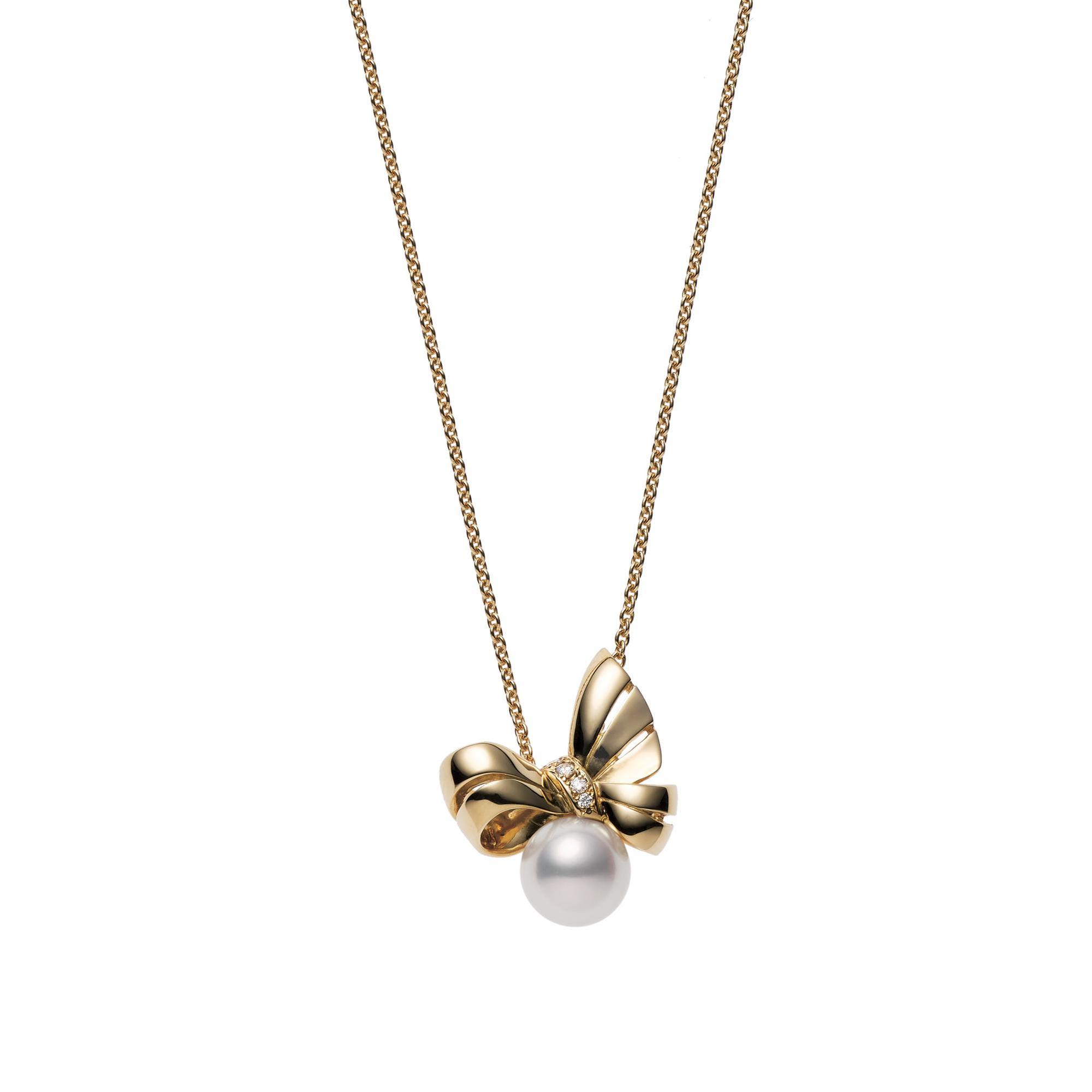 MIKIMOTO 8mm Akoya Cultured Pearl Diamond Accent Yellow Gold Ribbon Necklace