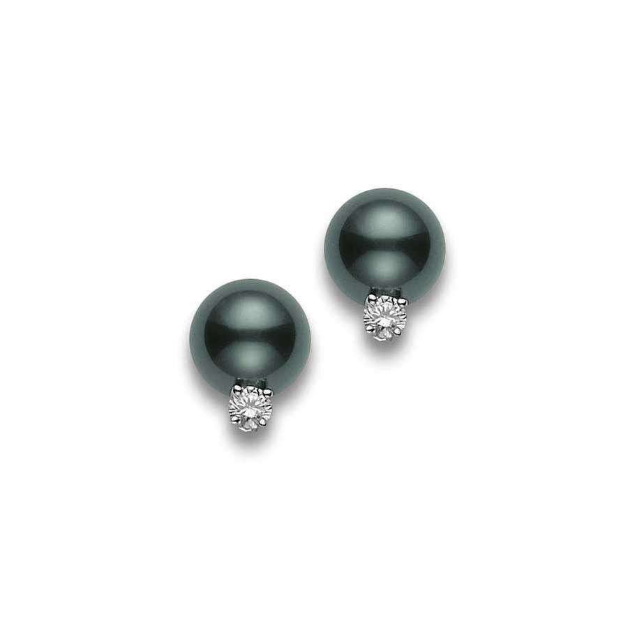 MIKIMOTO 8mm Cultured Black South Sea Pearl and Diamond Earrings 1/5ctw