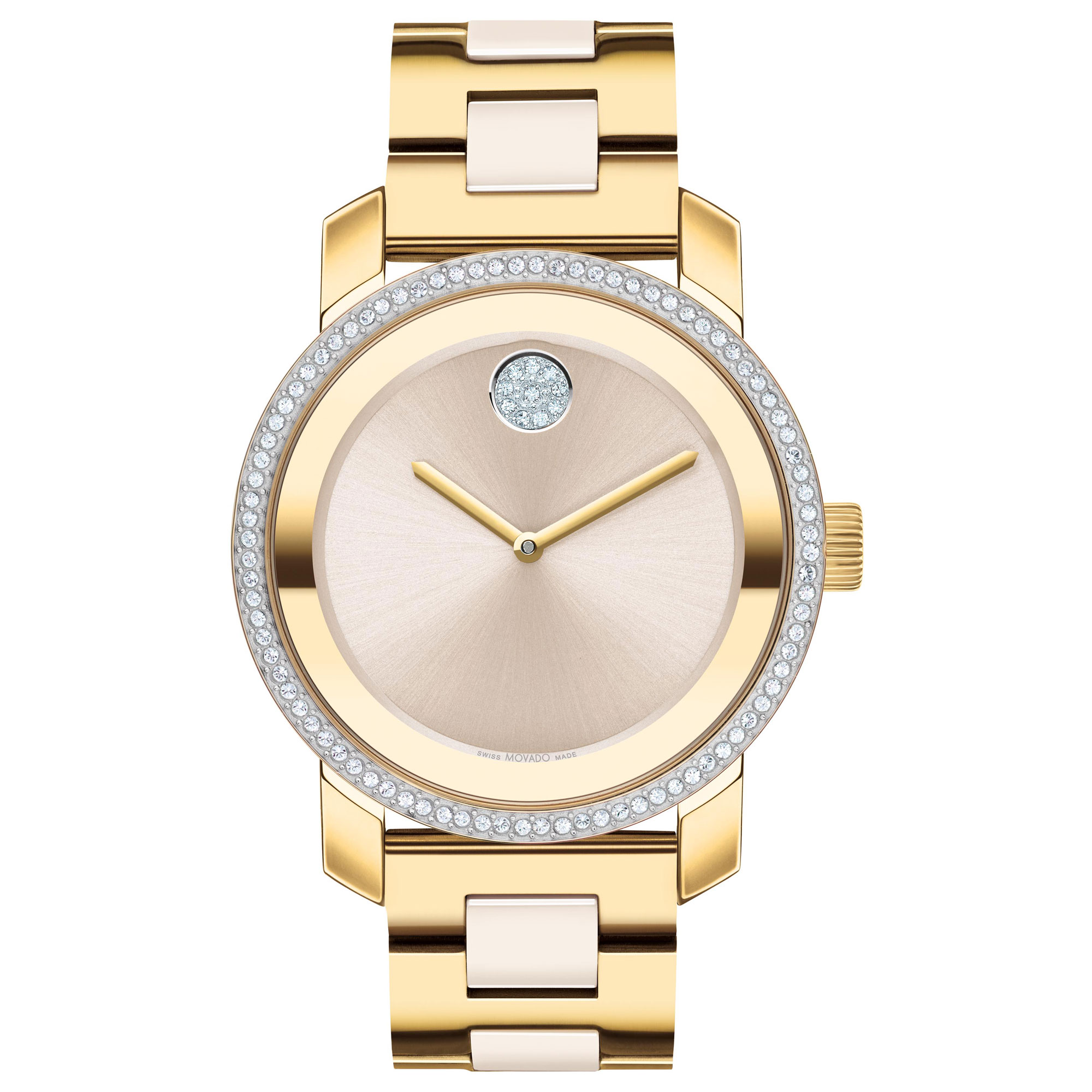 Movado BOLD Crystal Bezel and Ionic Light Gold Plated And Taupe Ceramic Link Bracelet Watch | 36.3mm | 3600882