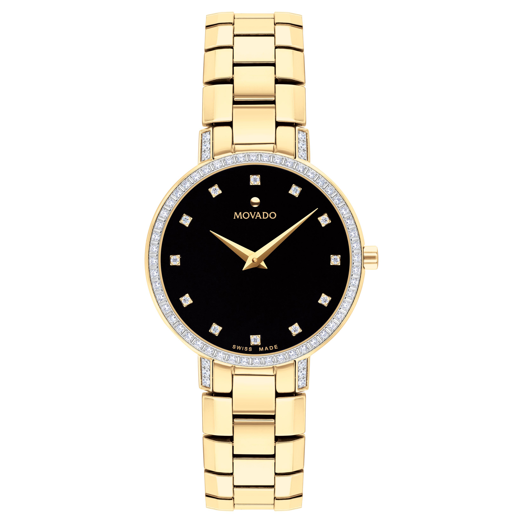 Faceto Diamond Black Dial Yellow Gold-Tone Bracelet Watch | 28mm | 0 - Movado 607644