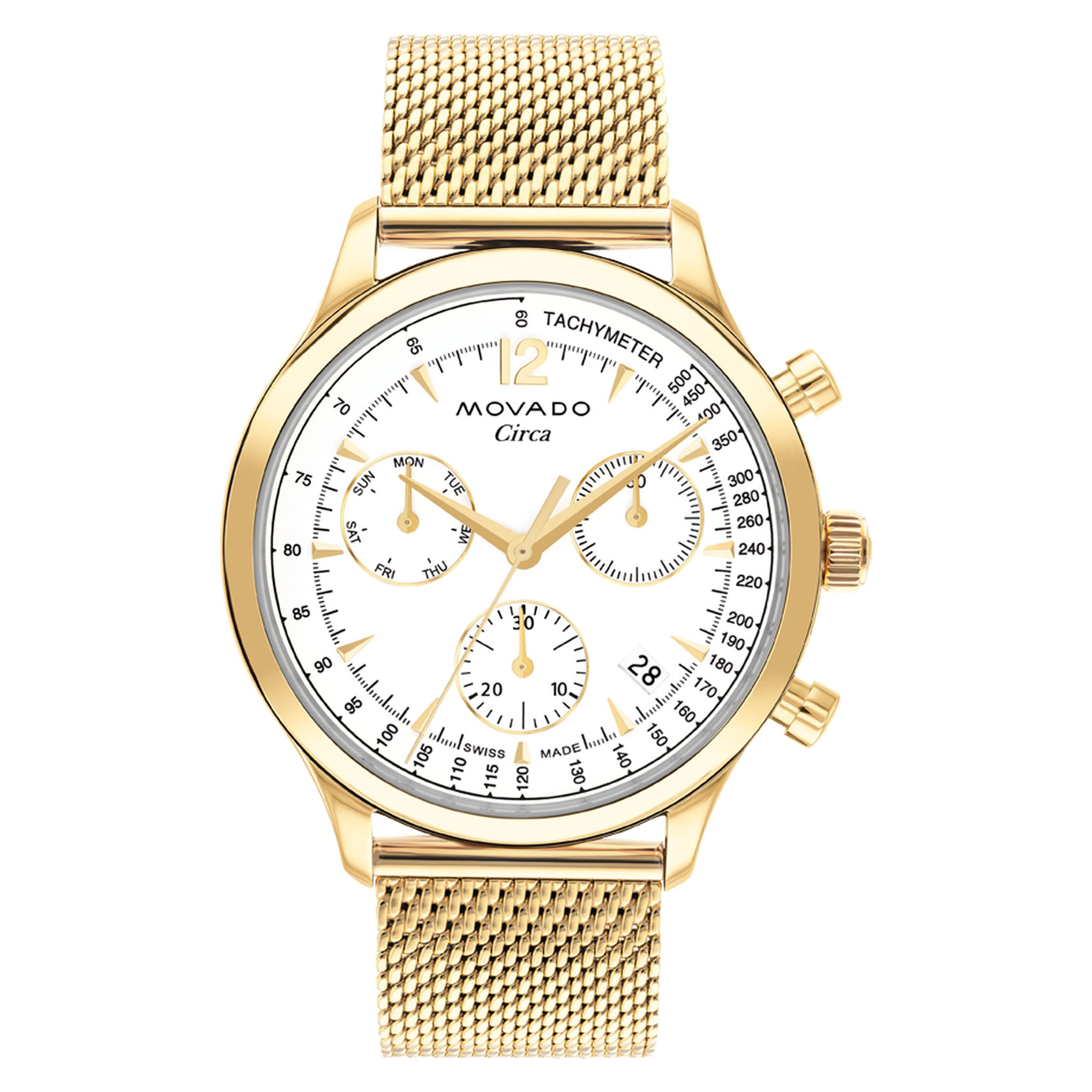 Heritage Circa White Dial Gold Ionic-Plated Stainless Steel Mesh Bracelet Watch | 43mm | - Movado 3650138