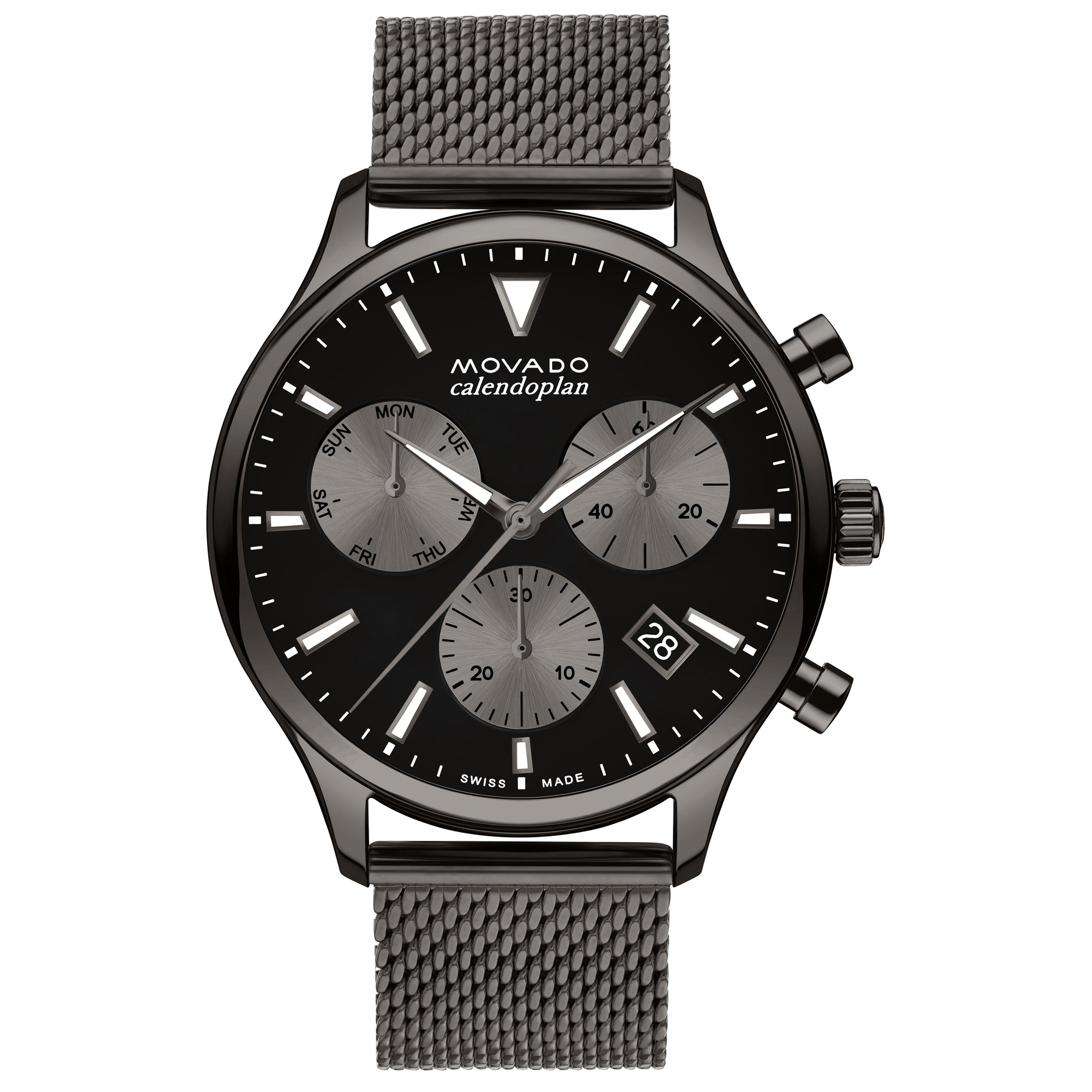 Movado Heritage Series Calendoplan Chronograph Grey Ion-Plated Mesh Bracelet Watch | 43mm | 3650153