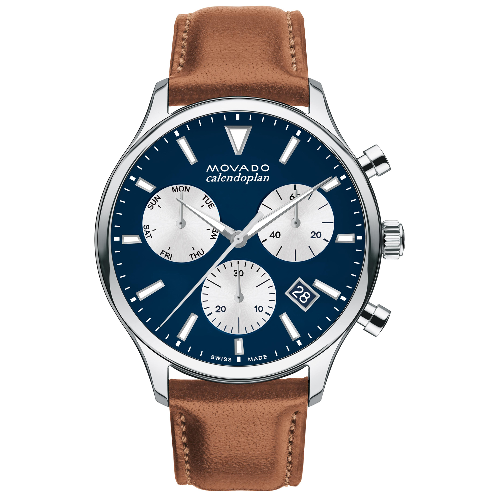Heritage Series Calendoplan Chronograph Navy Dial and Brown Leather Strap Watch | 43mm | - Movado 3650161