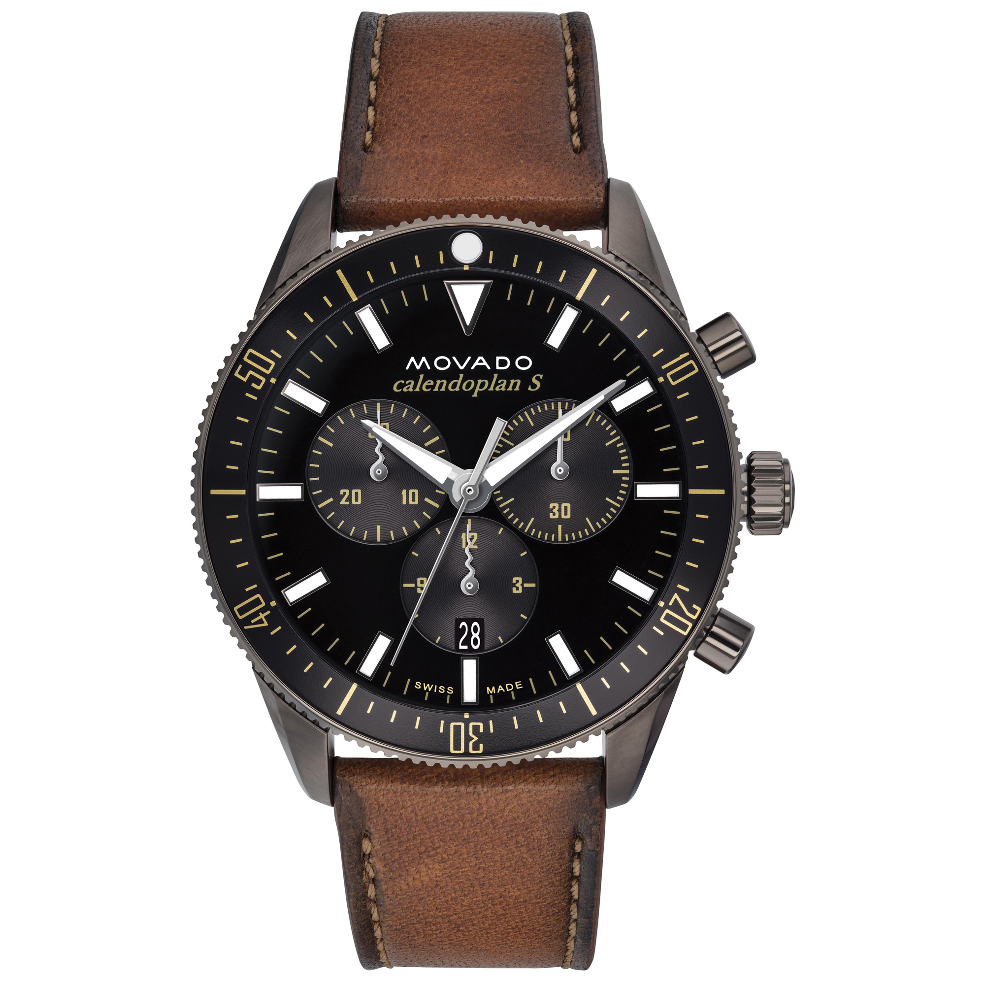 Heritage Series Calendoplan S Chronograph Black Dial and Brown Leather Strap Watch | 42mm | - Movado 3650123