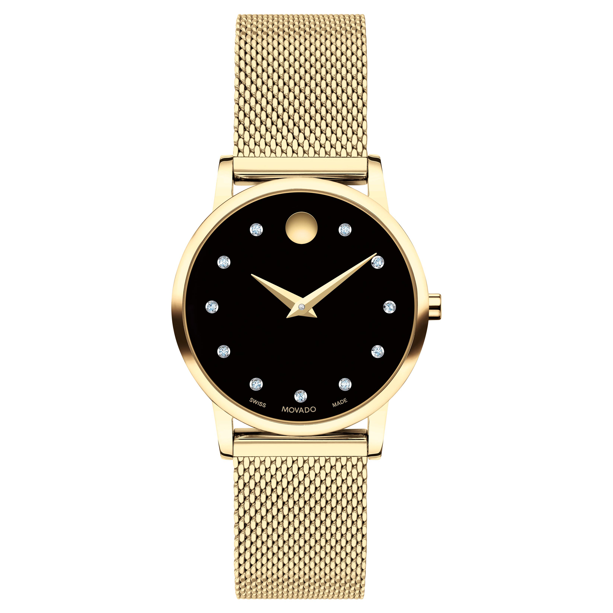 Museum Classic Diamond Black Dial Yellow Gold-Tone Mesh Bracelet Watch | 28mm | 0 - Movado 607628