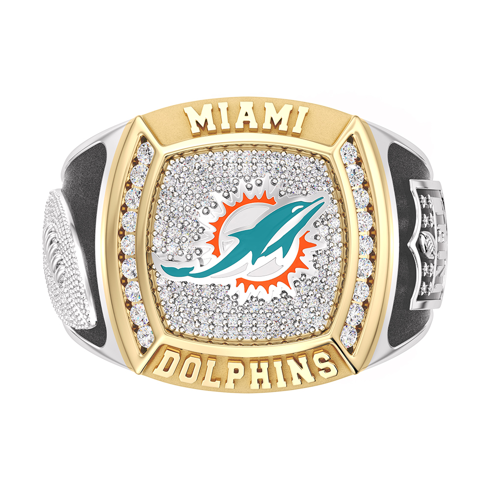 Nfl Truefans Mens Miami Dolphins 12ctw Diamond Two-Tone Yellow Gold and Sterling Silver Ring - Size 14 1700$