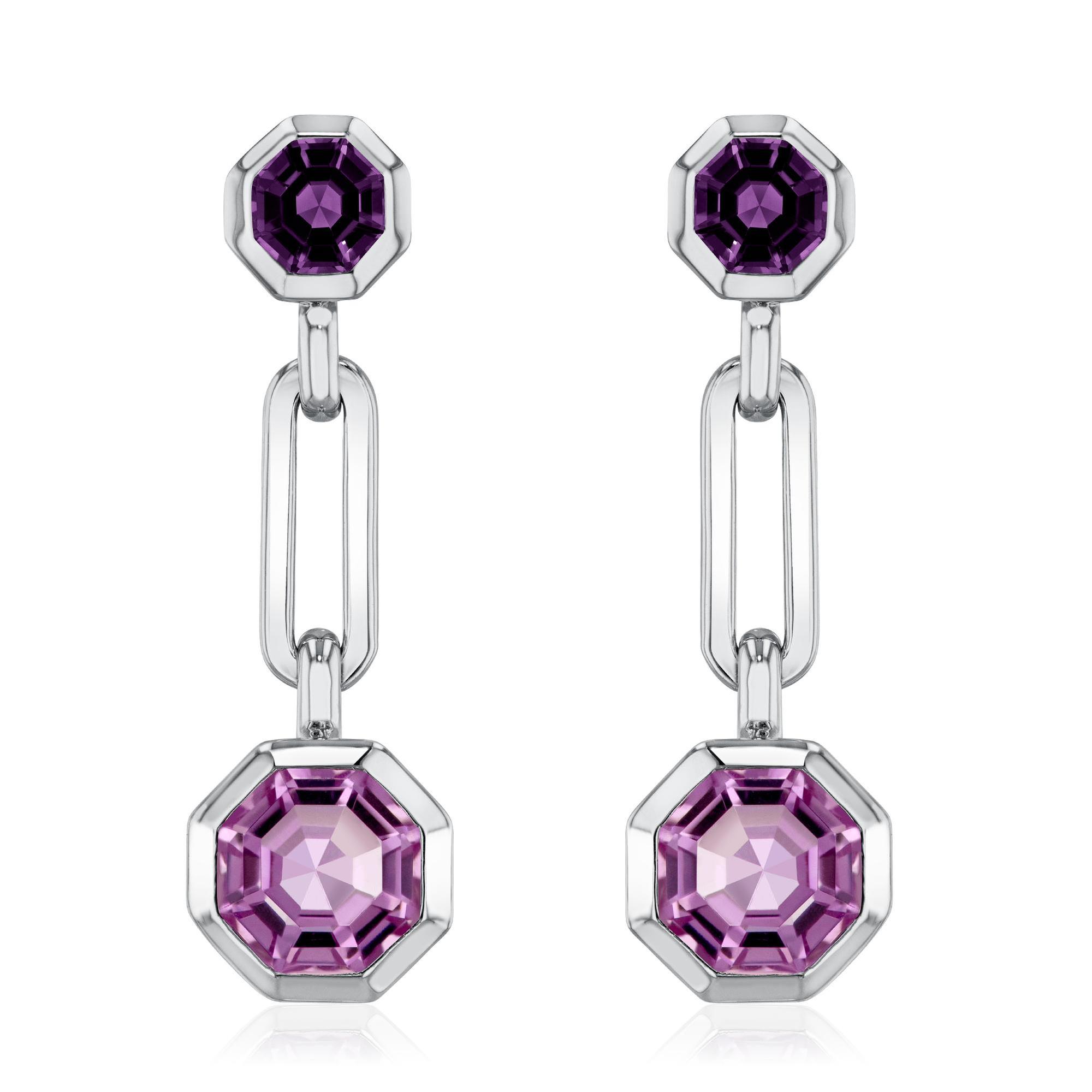 Octagon Amethyst and Pink Amethyst Sterling Silver Link Drop Earr