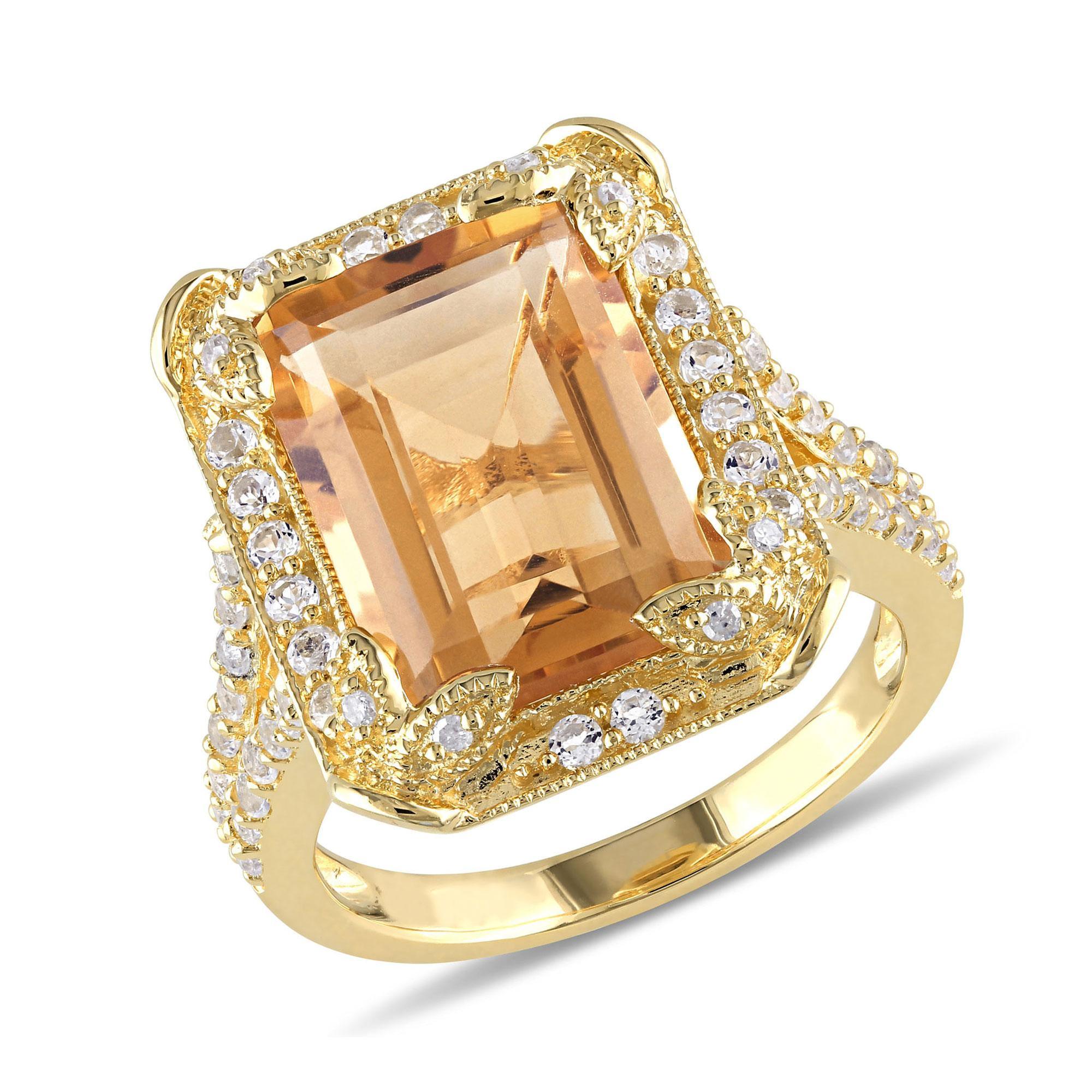 Octagon Citrine, White Topaz and Diamond Halo Gold Tone Ring 1/20