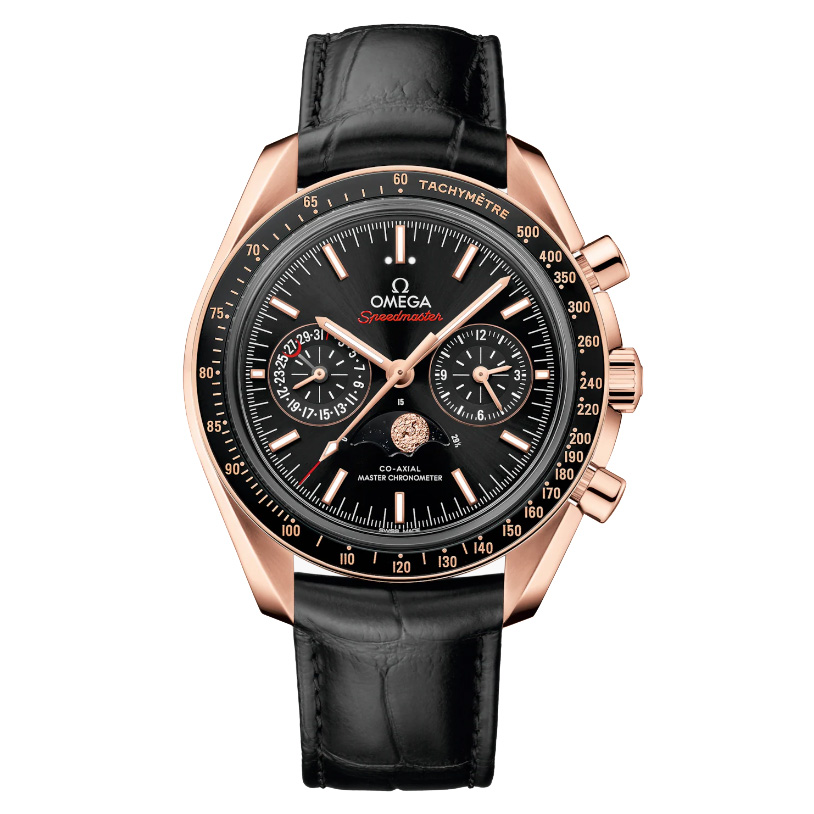 Omega Speedmaster Moonphase CoAxial Master Chronometer Chronograph Sedna Gold and Black Leather Strap Watch 4425mm  O30430445201001