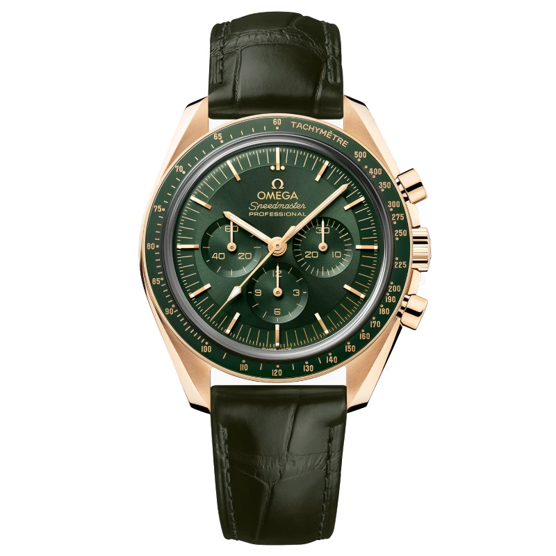 Omega Speedmaster Moonwatch Professional CoAxial Master Chronometer Chronograph Moonshine Gold and Green Leather Strap Watch 42mm O31063425010001