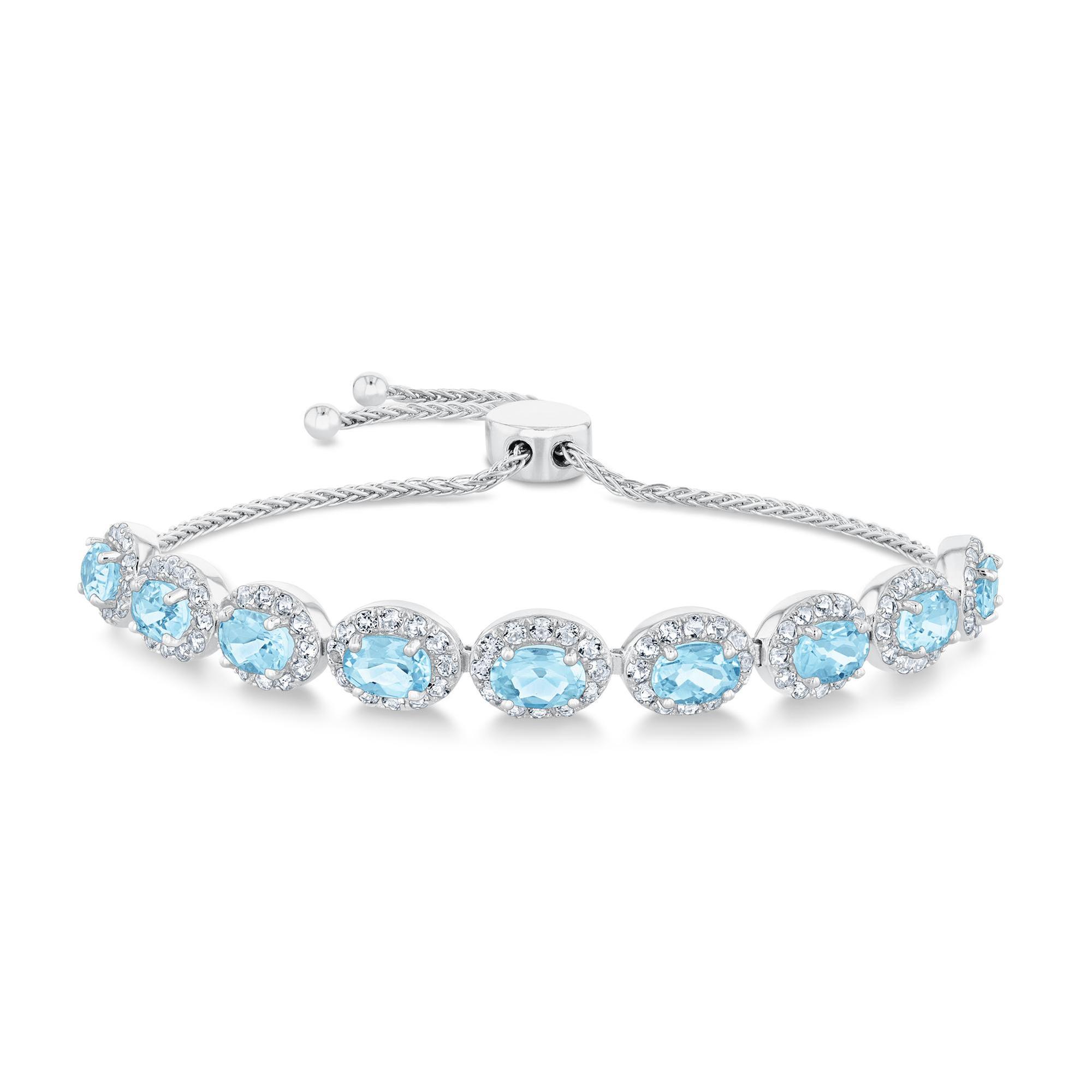Oval Aquamarine and Created White Sapphire Sterling Silver Bolo B