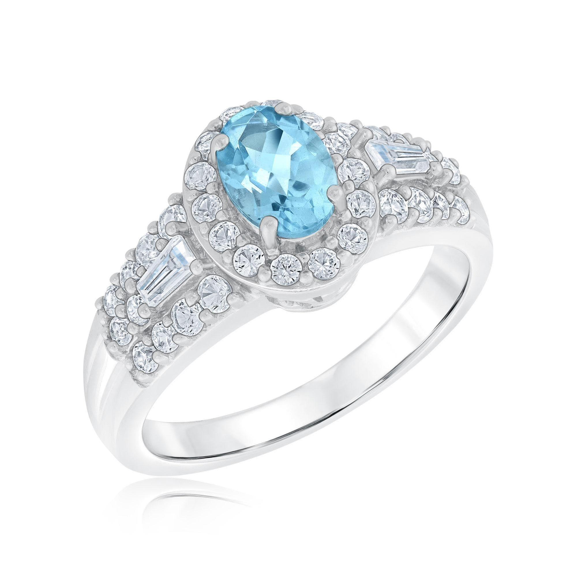 Oval Aquamarine and Created White Sapphire Sterling Silver Ring