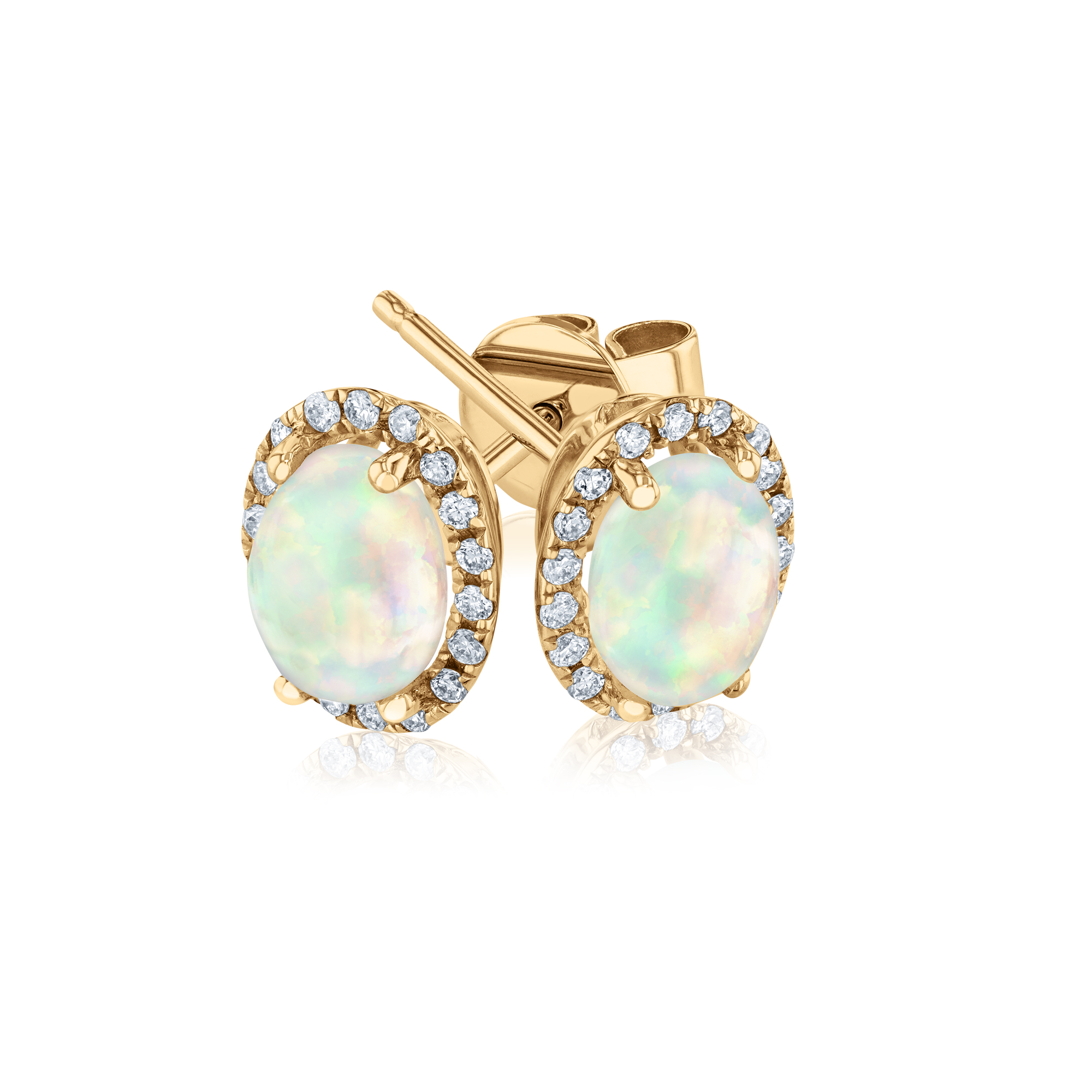 Oval Opal and 1/5ctw Diamond Yellow Gold Stud Earrings - Watercol