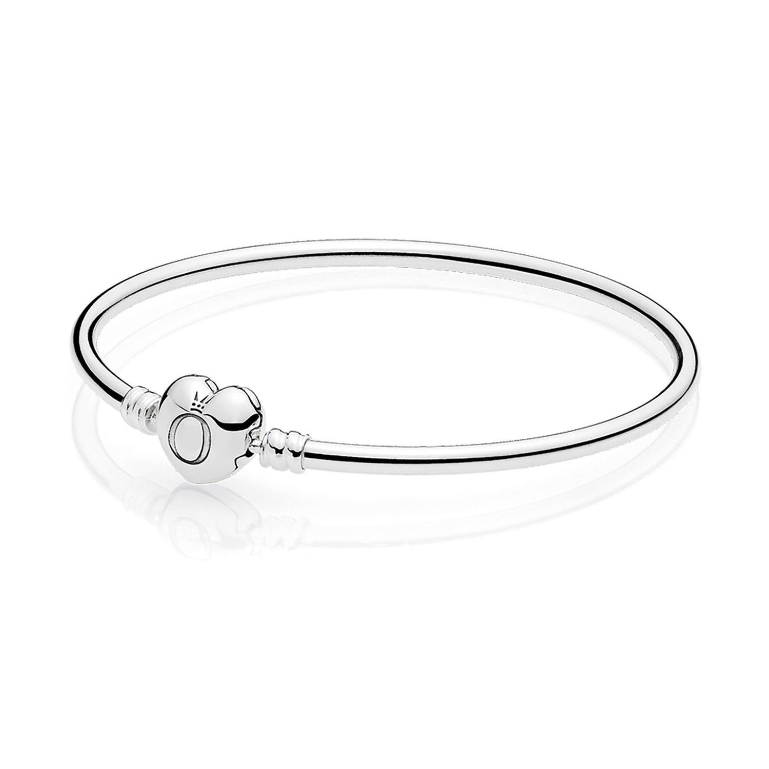 Pandora Moments Silver Bangle Bracelet, Logo Heart Clasp - 6.7inc
