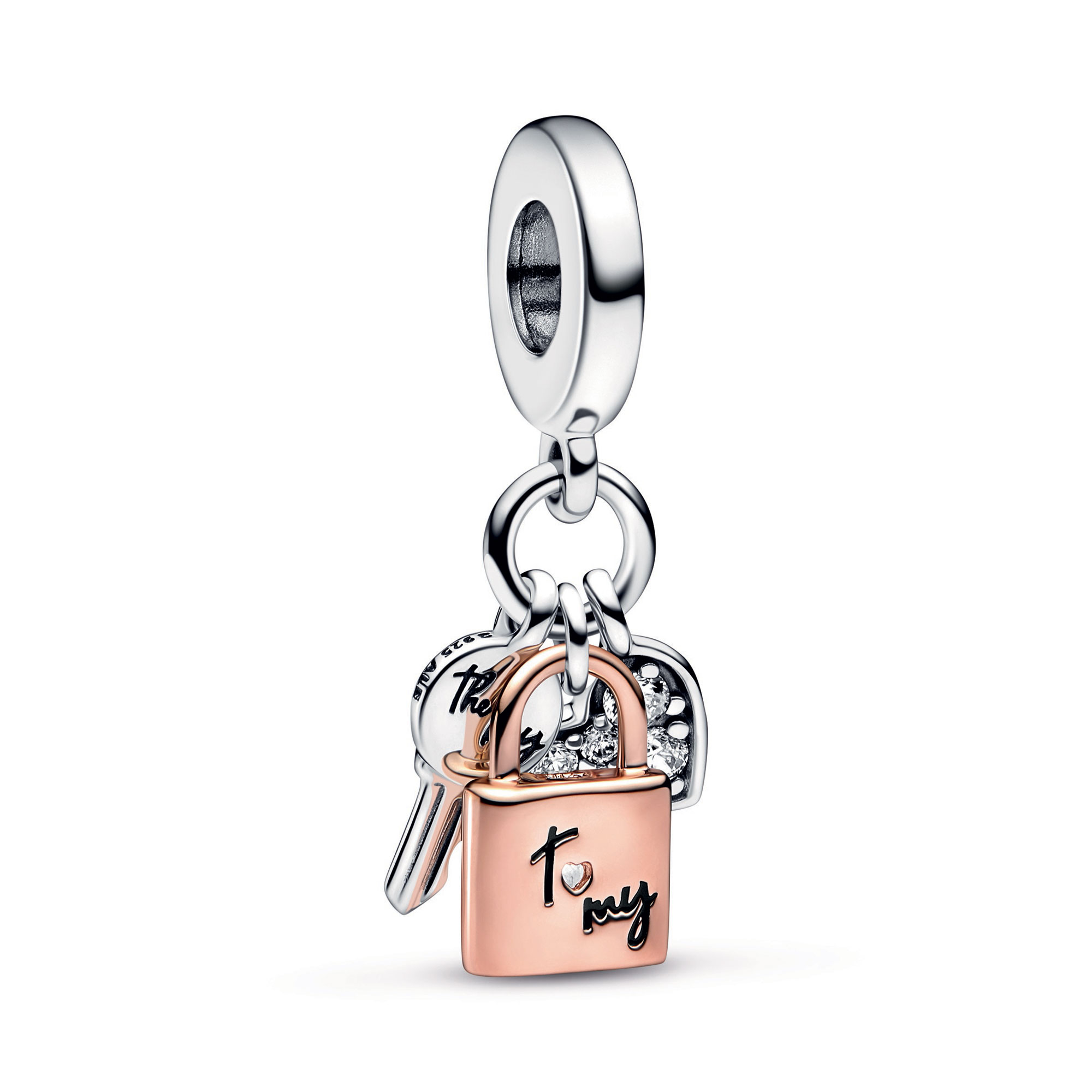 Pandora  Two-Tone Key  Padlock & Heart Triple Dangle Charm | Rose Gold-Plated