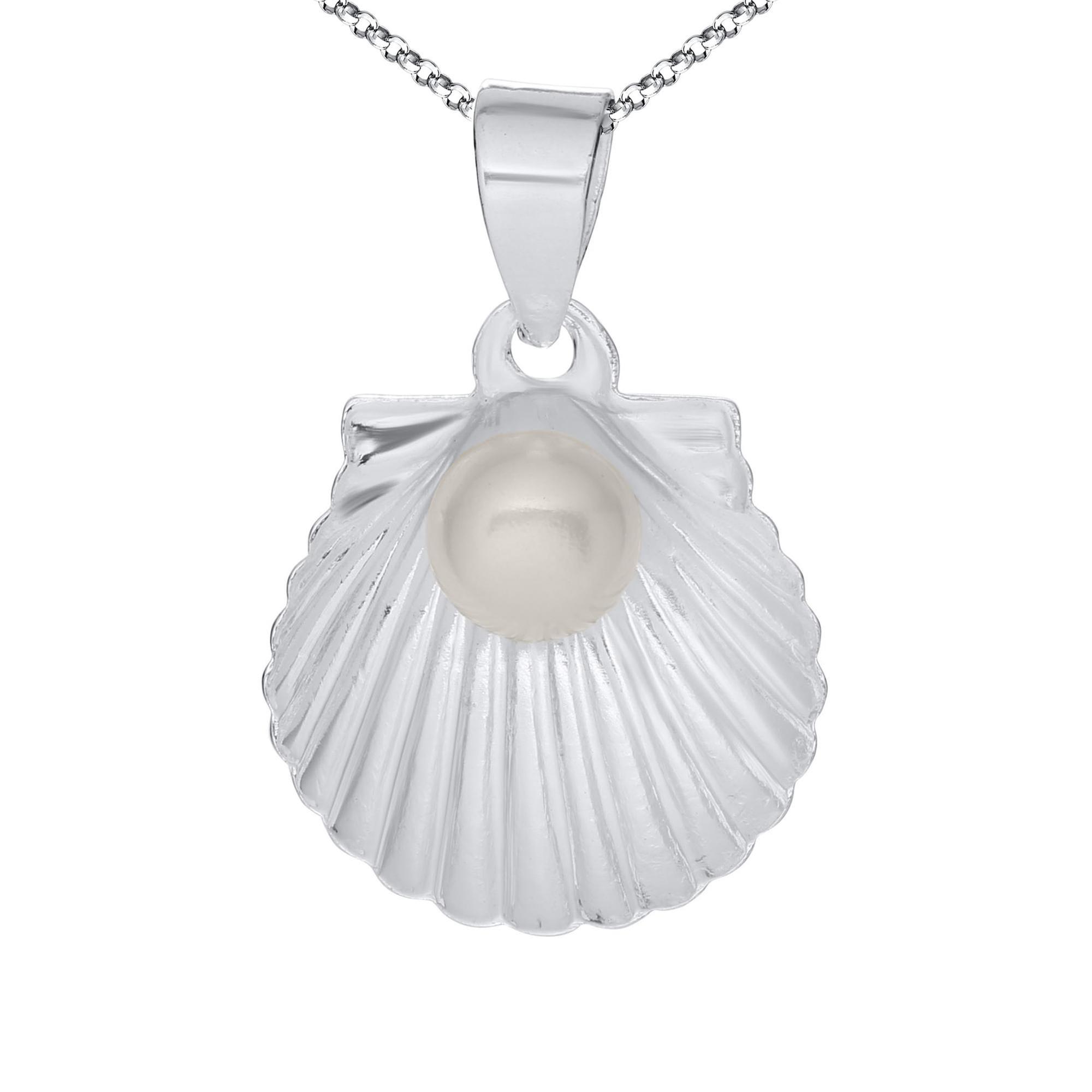 Pearl Scalloped Sea Shell Sterling Silver Pendant Necklace