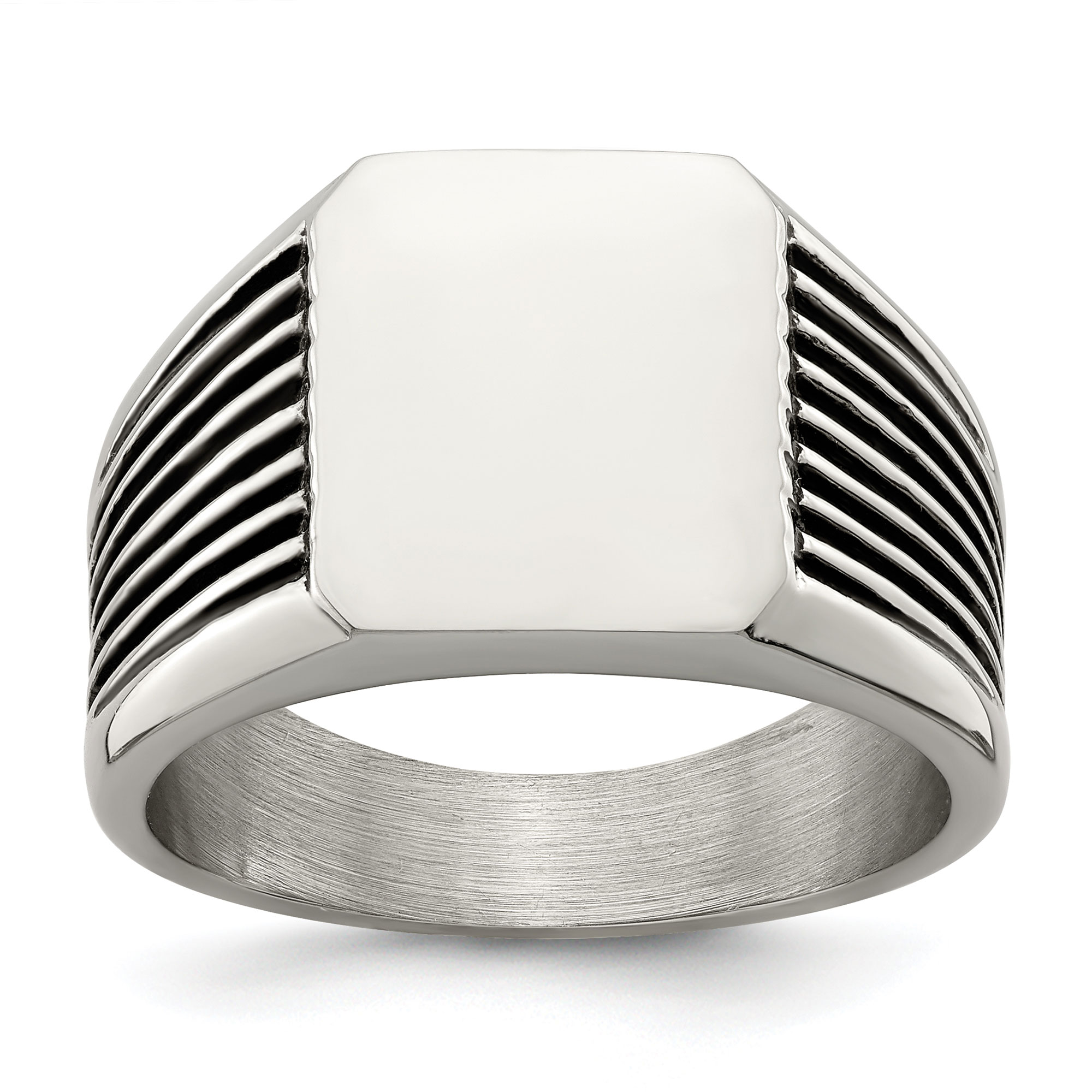 Polished Stainless Stee and Black Enamel Signet Ring | Men's | Size 10