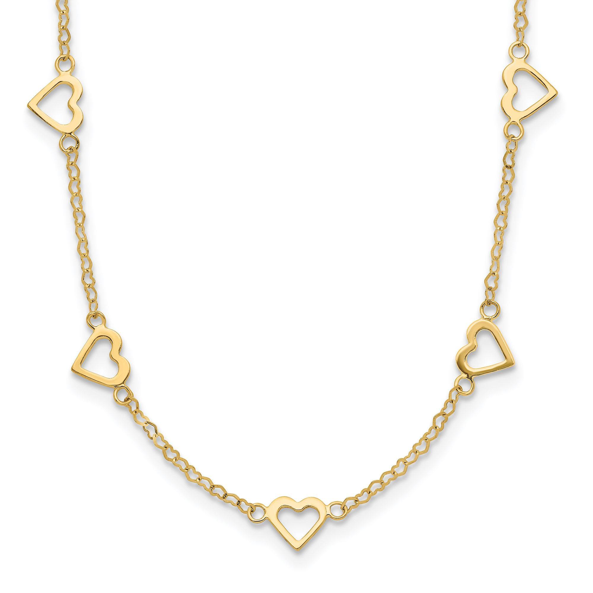 Polished Yellow Gold Open Hearts Station Link Necklace | 18 Inche