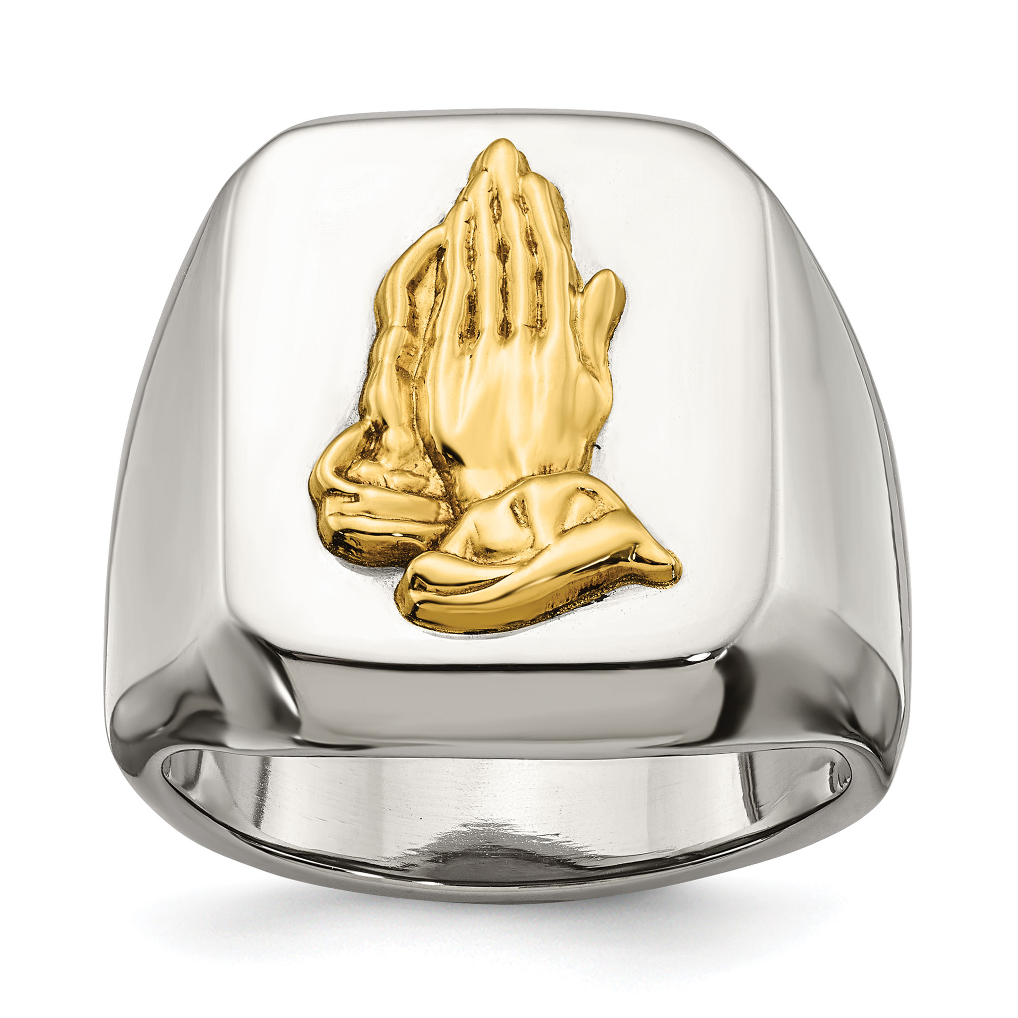 Praying Hands Two-Tone Stainless Steel and Yellow Gold Signet Ring | Men's | Size 11