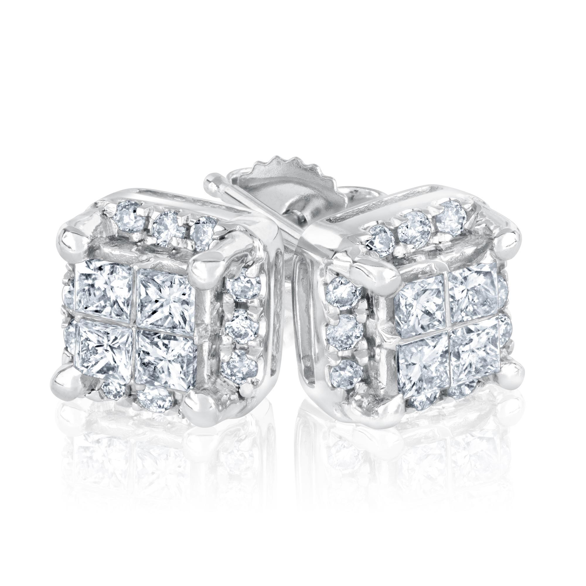 1/2ctw Princess Center Diamond White Gold Stud Earrings