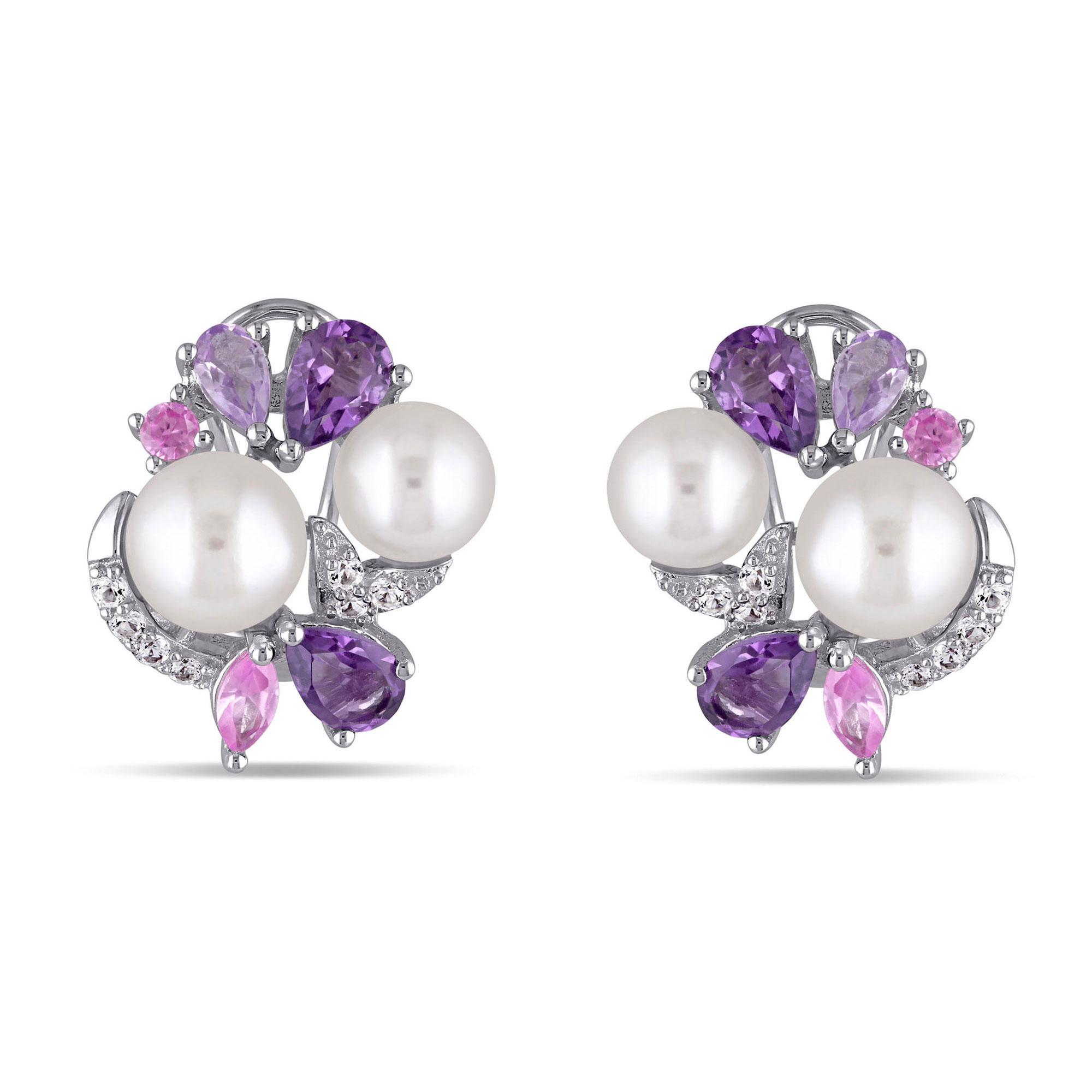 Purple Mixed Gemstone and White Freshwater Cultured Pearl Cluster Earrings