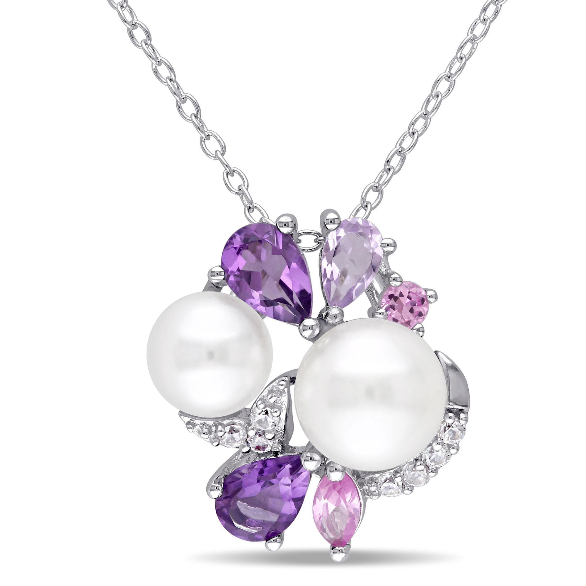 Purple Mixed Gemstone and White Freshwater Cultured Pearl Cluster Pendant in Sterling Silver