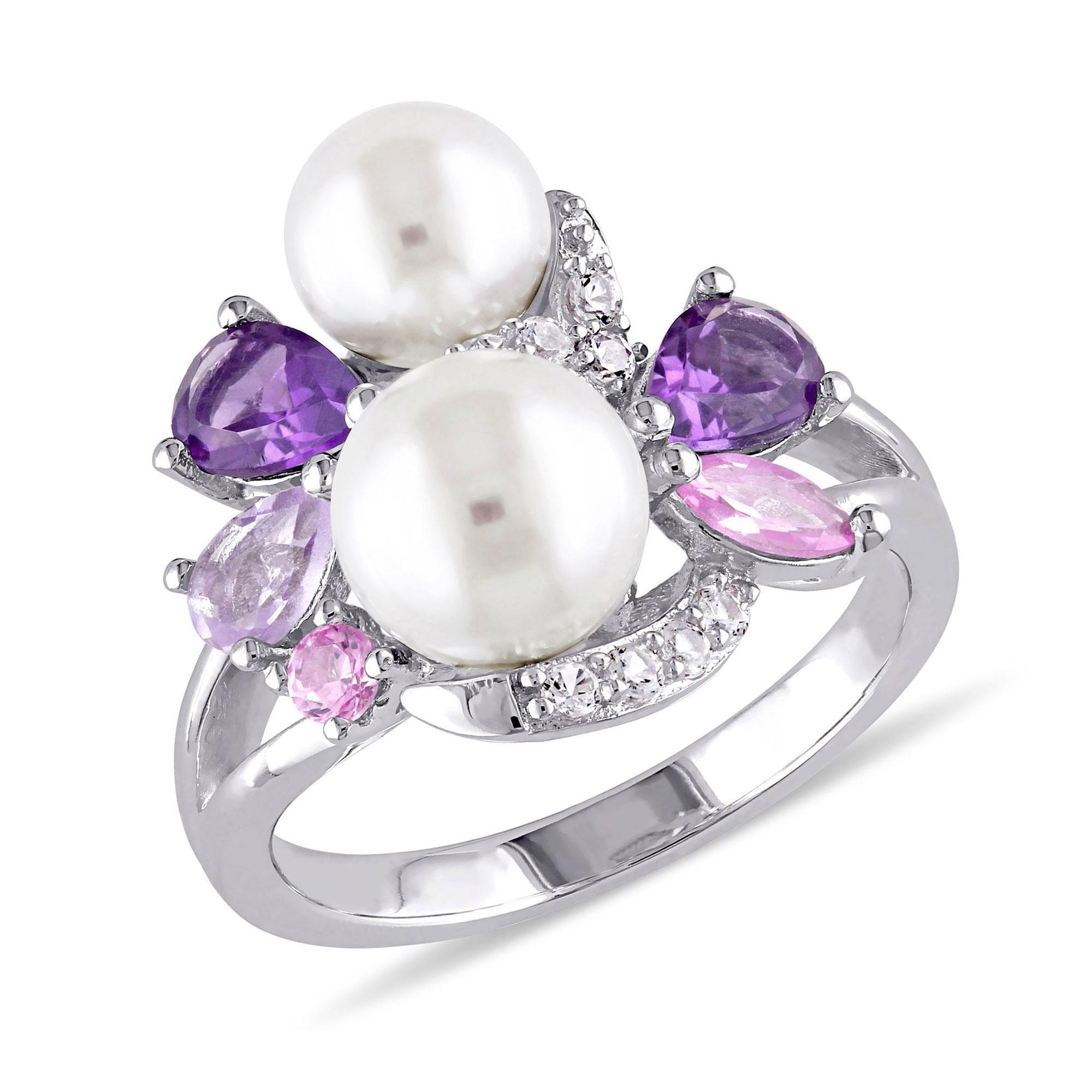 Purple Mixed Gemstone and White Freshwater Cultured Pearl Cluster Ring in Sterling Silver- Size 7