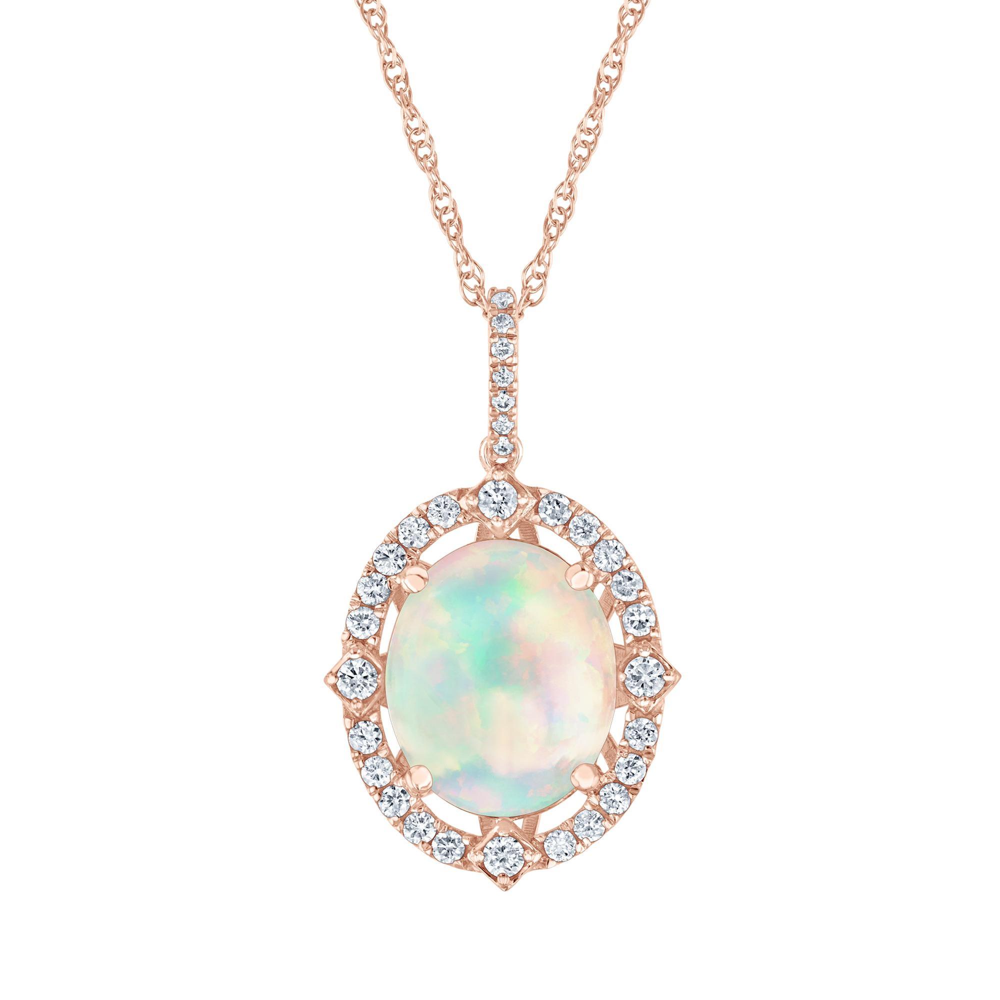 Oval Opal and 3/8ctw Diamond Frame Rose Gold Pendant Necklace - W