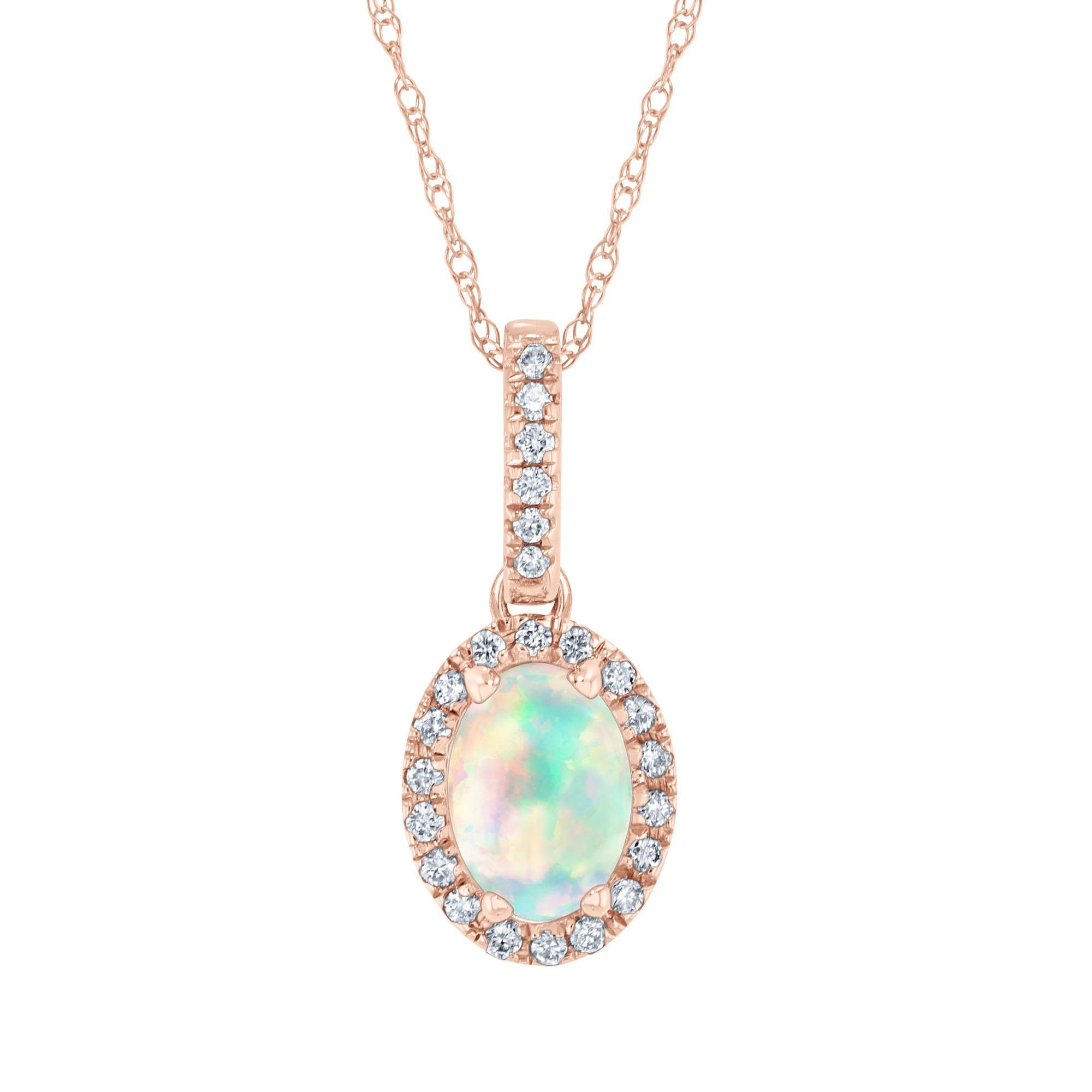 Oval Opal and Diamond Halo Rose Gold Pendant Necklace - Watercolo