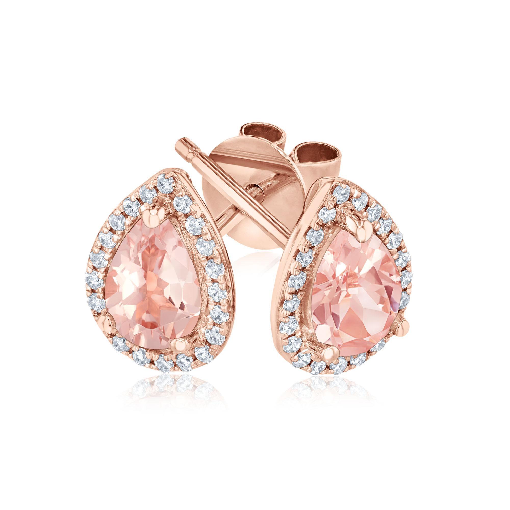 Pear-Shaped Morganite and Diamond Halo Rose Gold Earrings - Water