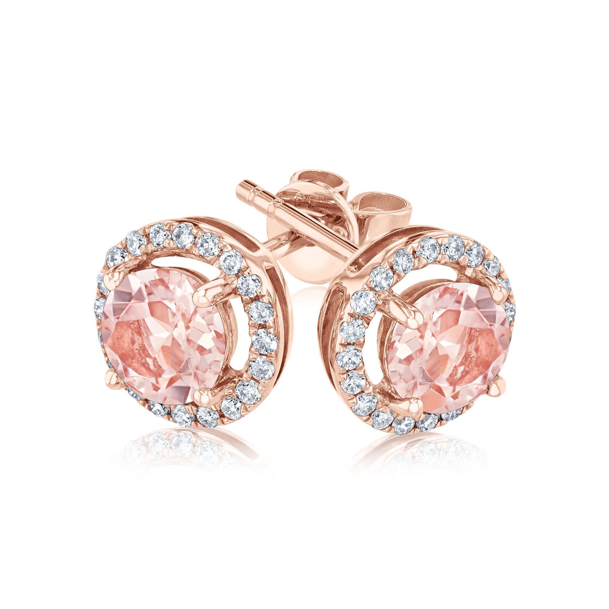 Round Morganite and Diamond Halo Rose Gold Earrings - Watercolor 