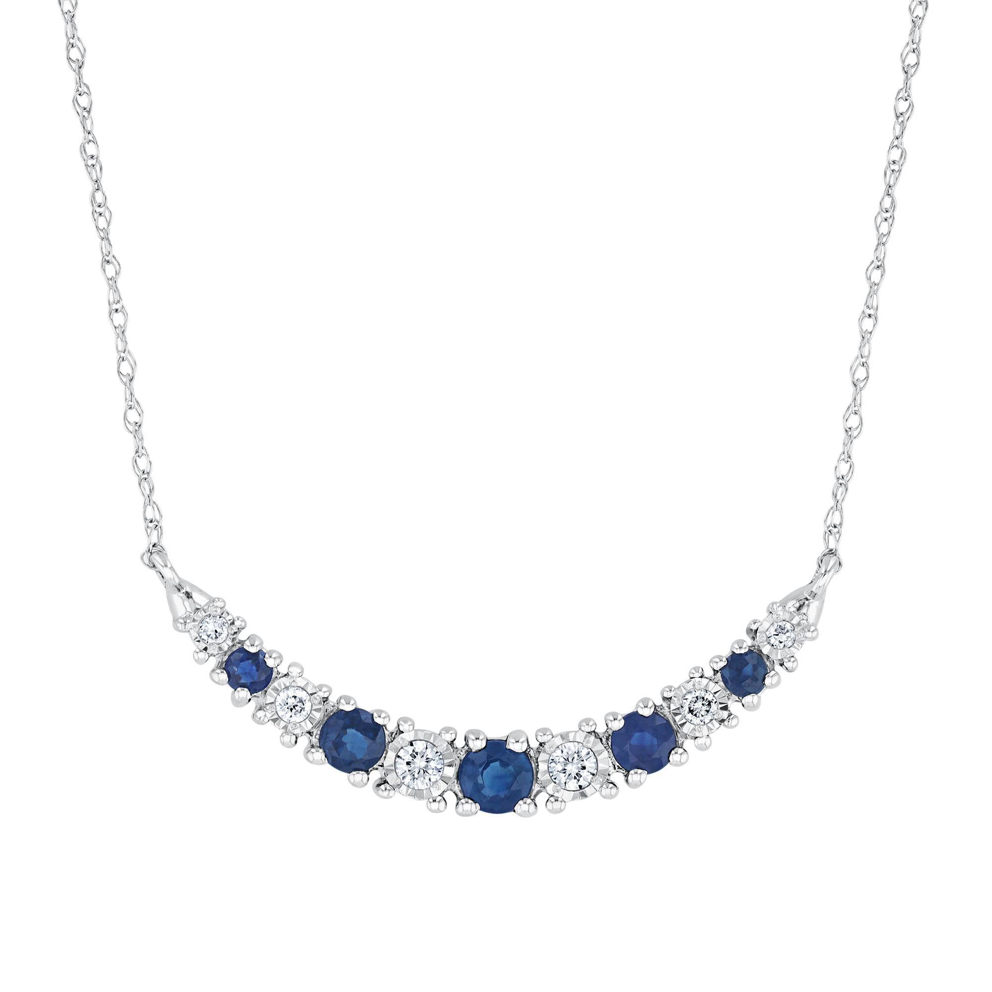 Blue Sapphire and Diamond Curved Bar White Gold Necklace - Waterc