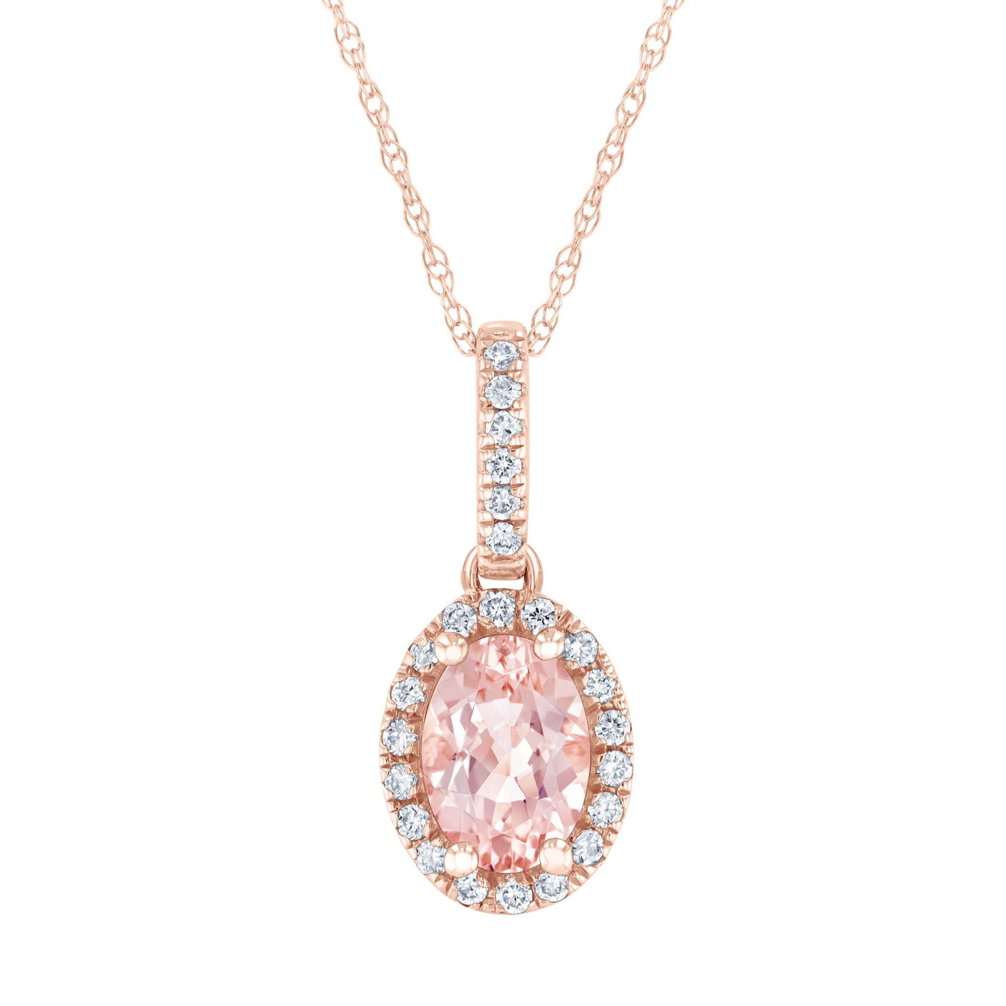 Oval Morganite and Diamond Halo Rose Gold Pendant Necklace - Wate