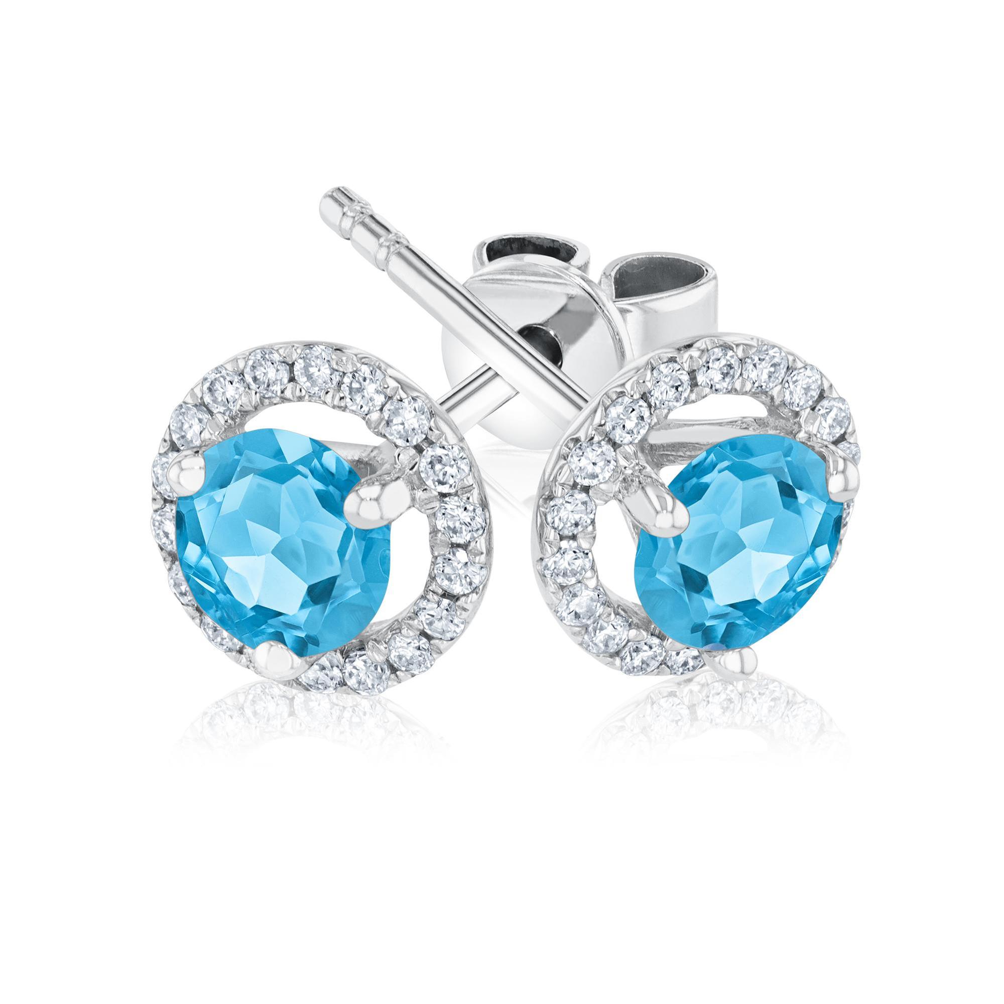 Round Blue Topaz and Diamond Halo White Gold Earrings - Watercolo