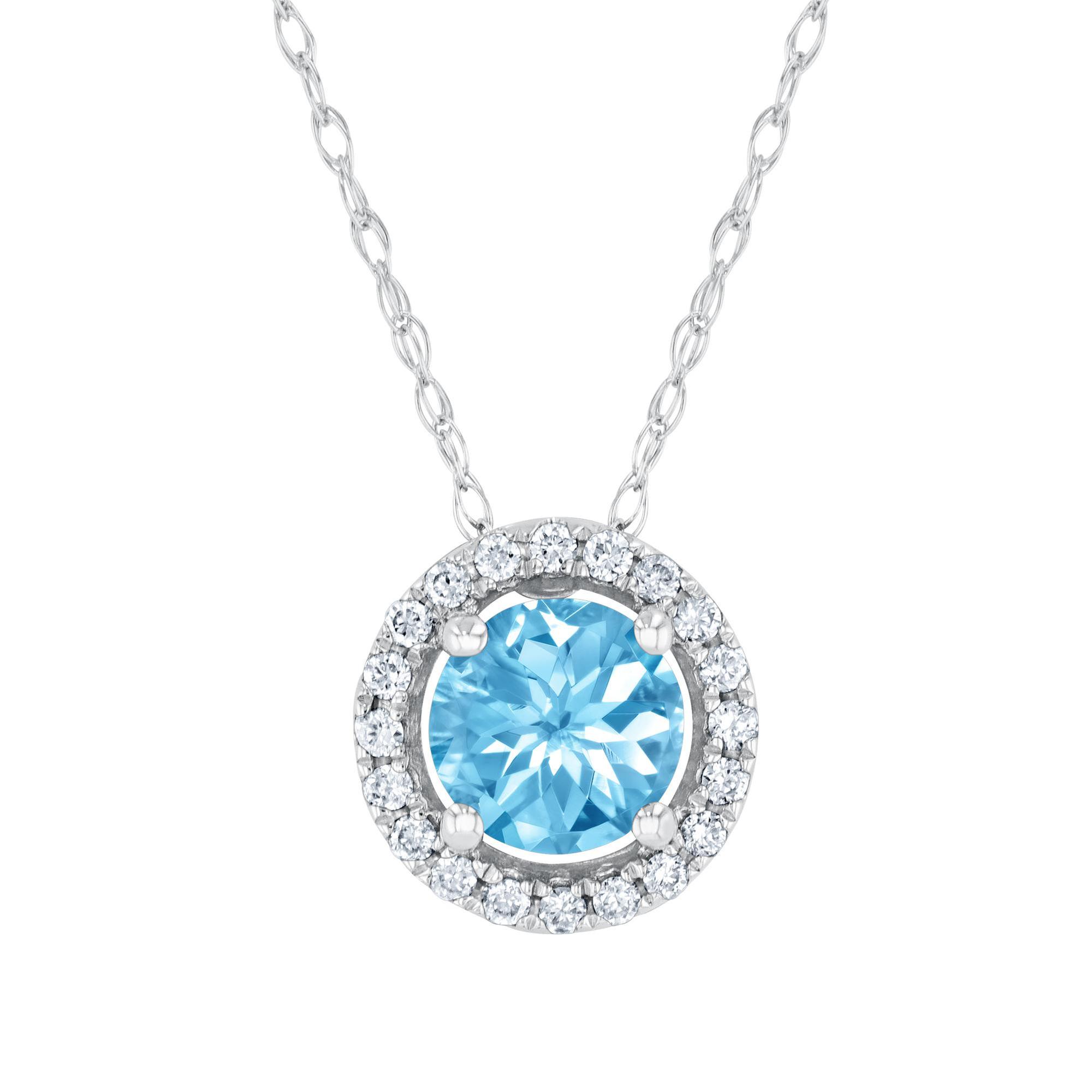 Round Blue Topaz and Diamond Halo White Gold Pendant Necklace | Watercolor