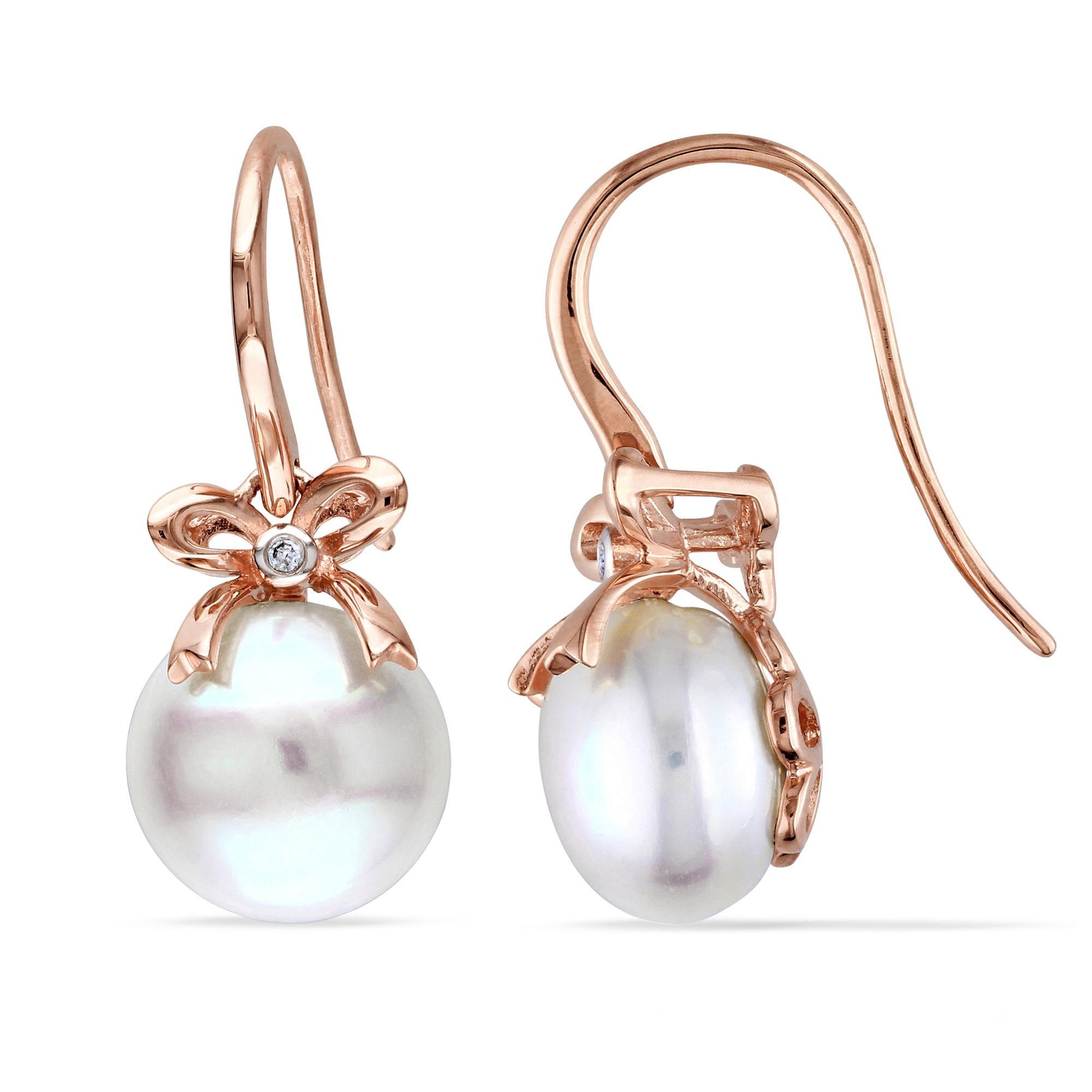 Rose Gold Freshwater Cultured Pearl and Diamond Accent Bow Earrings