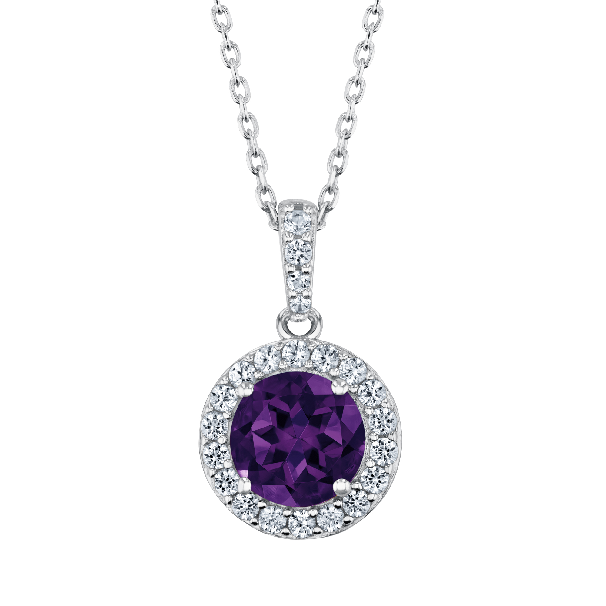 Round Amethyst and Created White Sapphire Sterling Silver Pendant