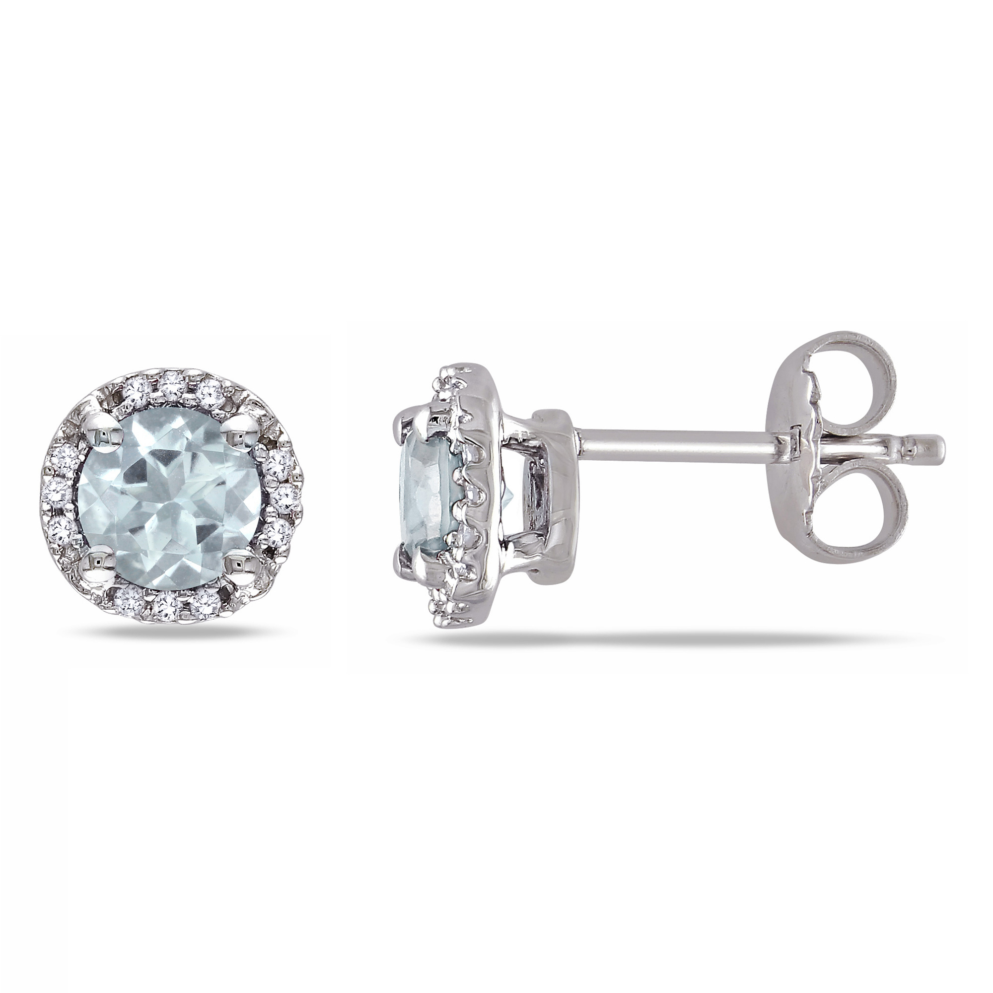 Round Aquamarine and 1/15ctw Diamond Halo Sterling Silver Stud Ea