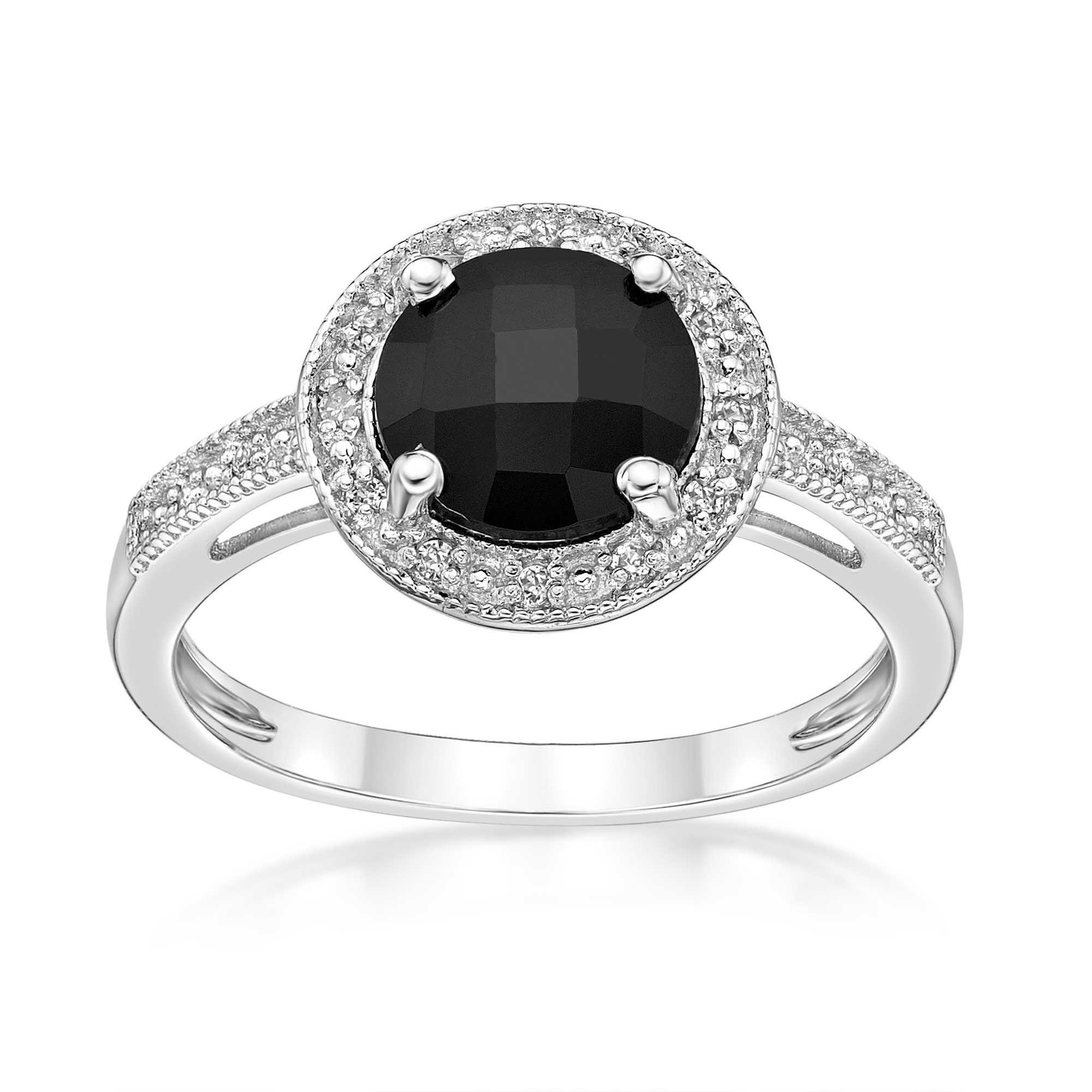 Round Black Onyx, Created White Sapphire and Diamond Accent Halo Ring - Size 9
