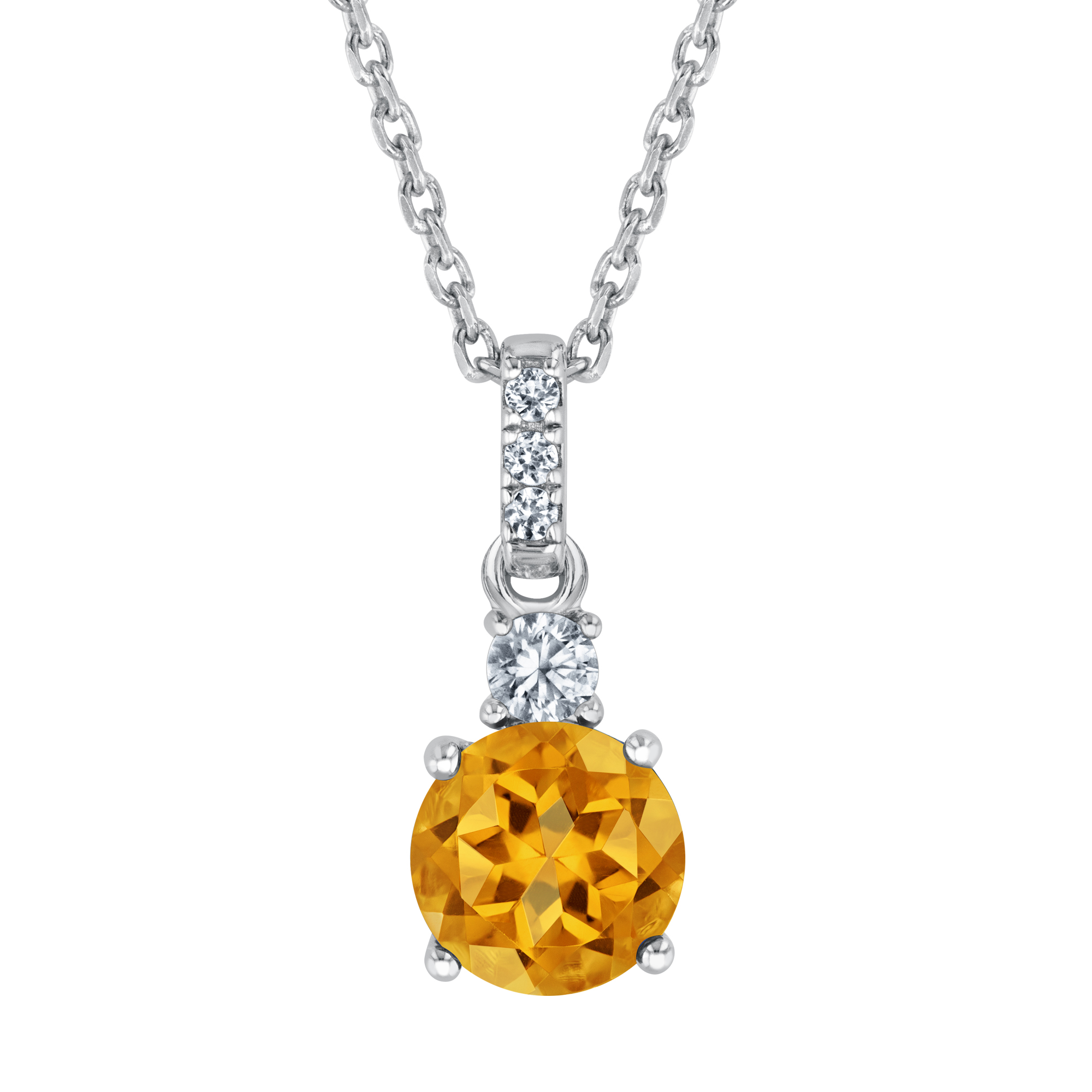 Round Citrine and Created White Sapphire Sterling Silver Pendant 