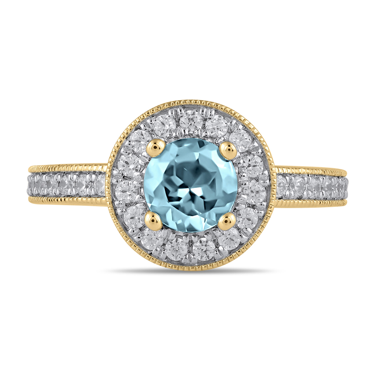 REEDS Women's Round Swiss Blue Topaz And 3/8Ctw Lab Grown Diamond Halo Yellow Gold Ring  Ring Size: 8