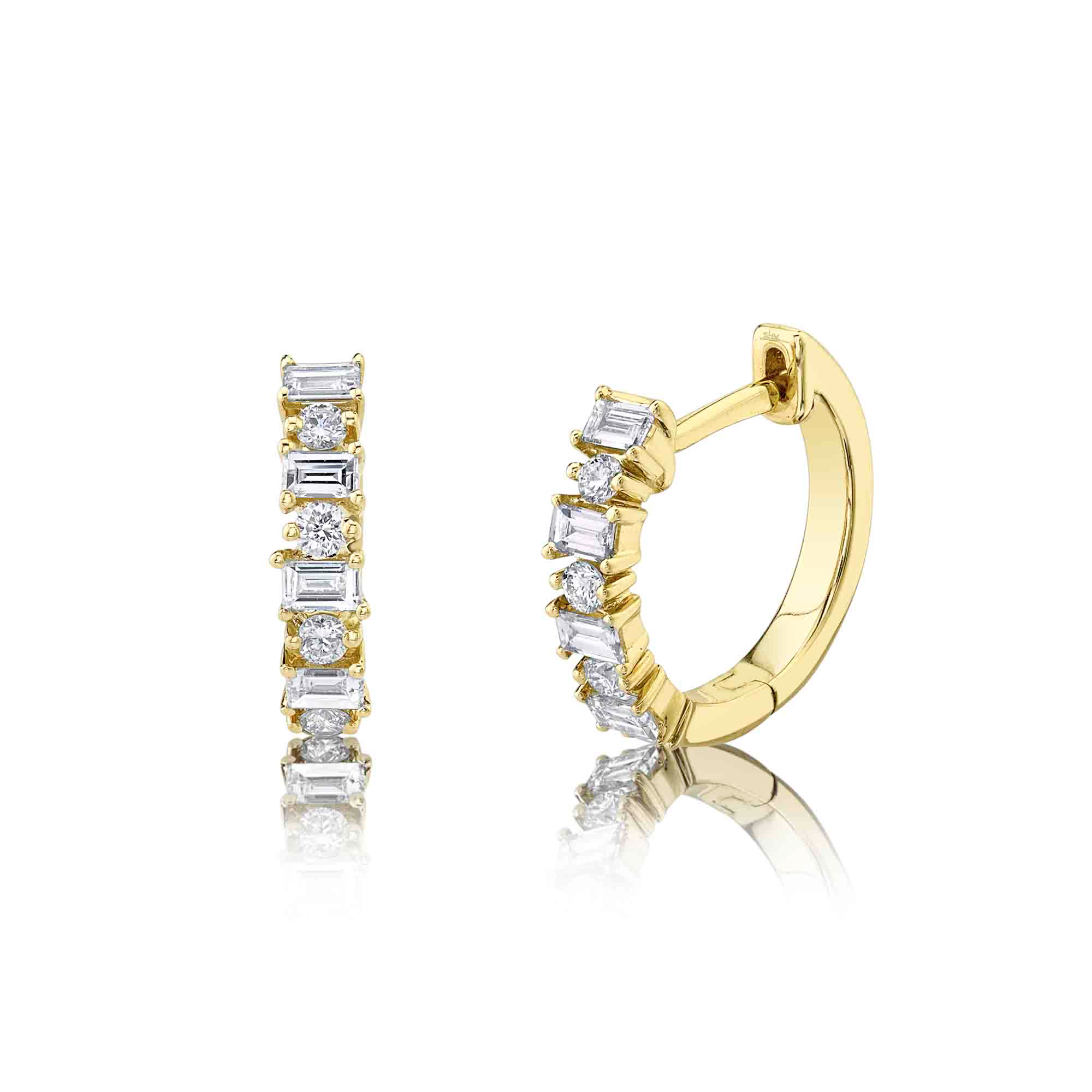 Shy Creation  3/8ctw Baguette and Round Diamond Yellow Gold Huggie Hoop Earrings