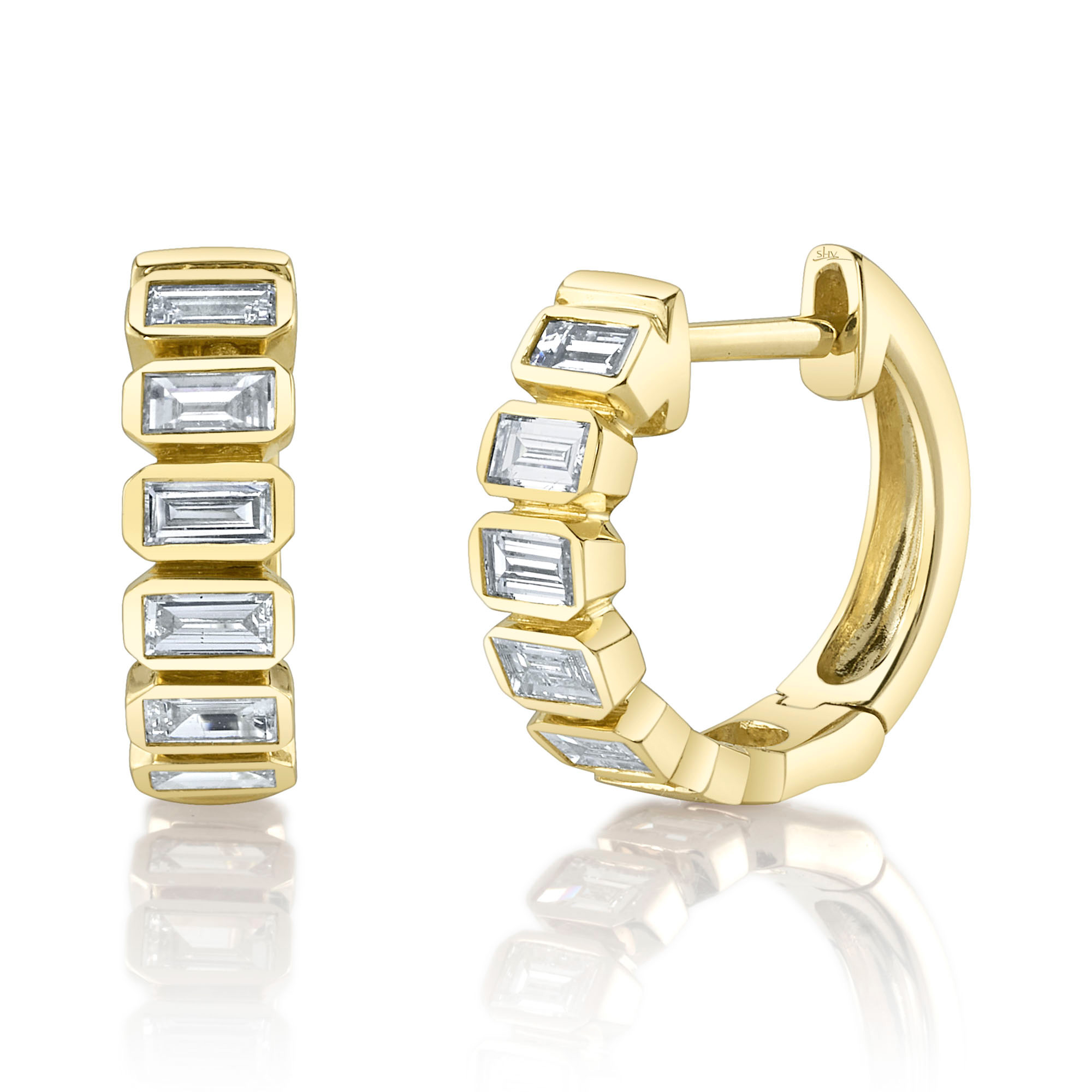 Shy Creation  5/8ctw Baguette Diamond Yellow Gold Huggie Hoop Earrings