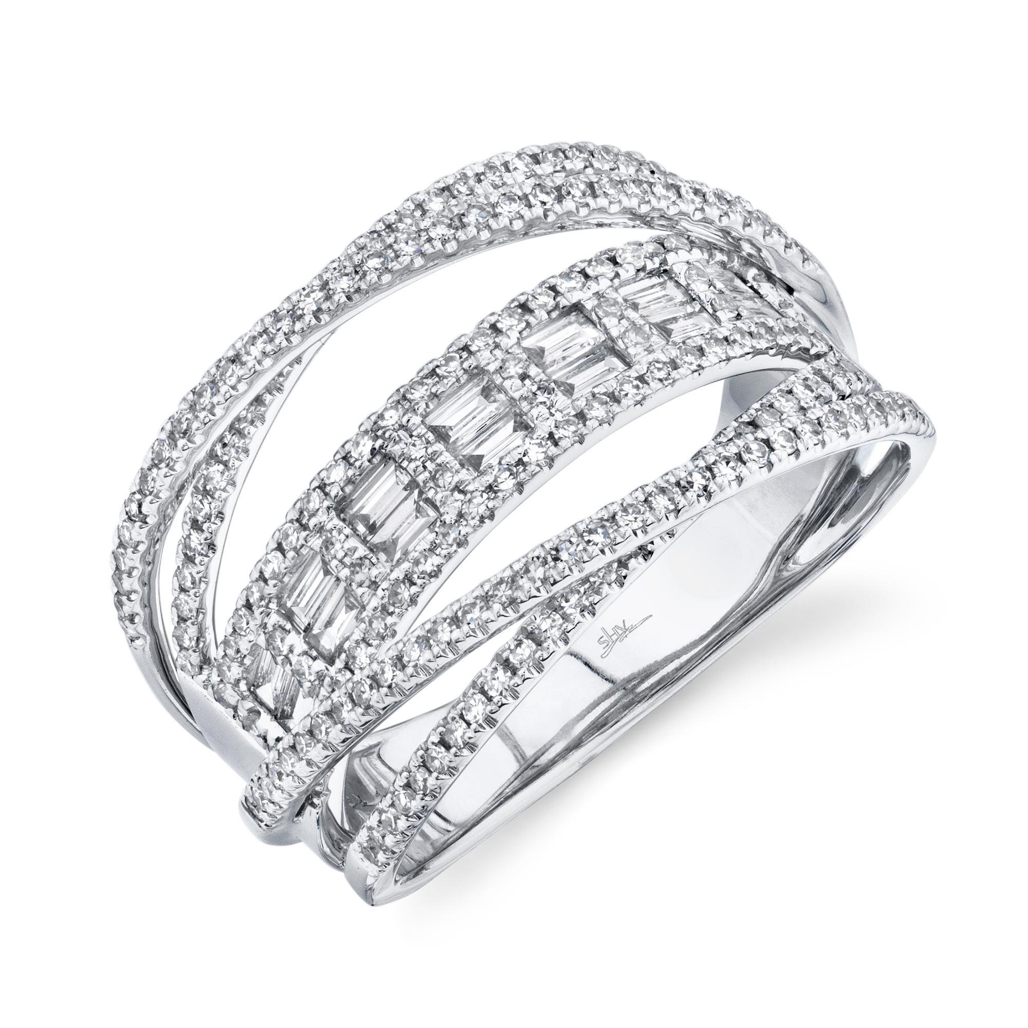 Shy Creation Baguette and Round Diamond Crossover Ring 3/4ctw