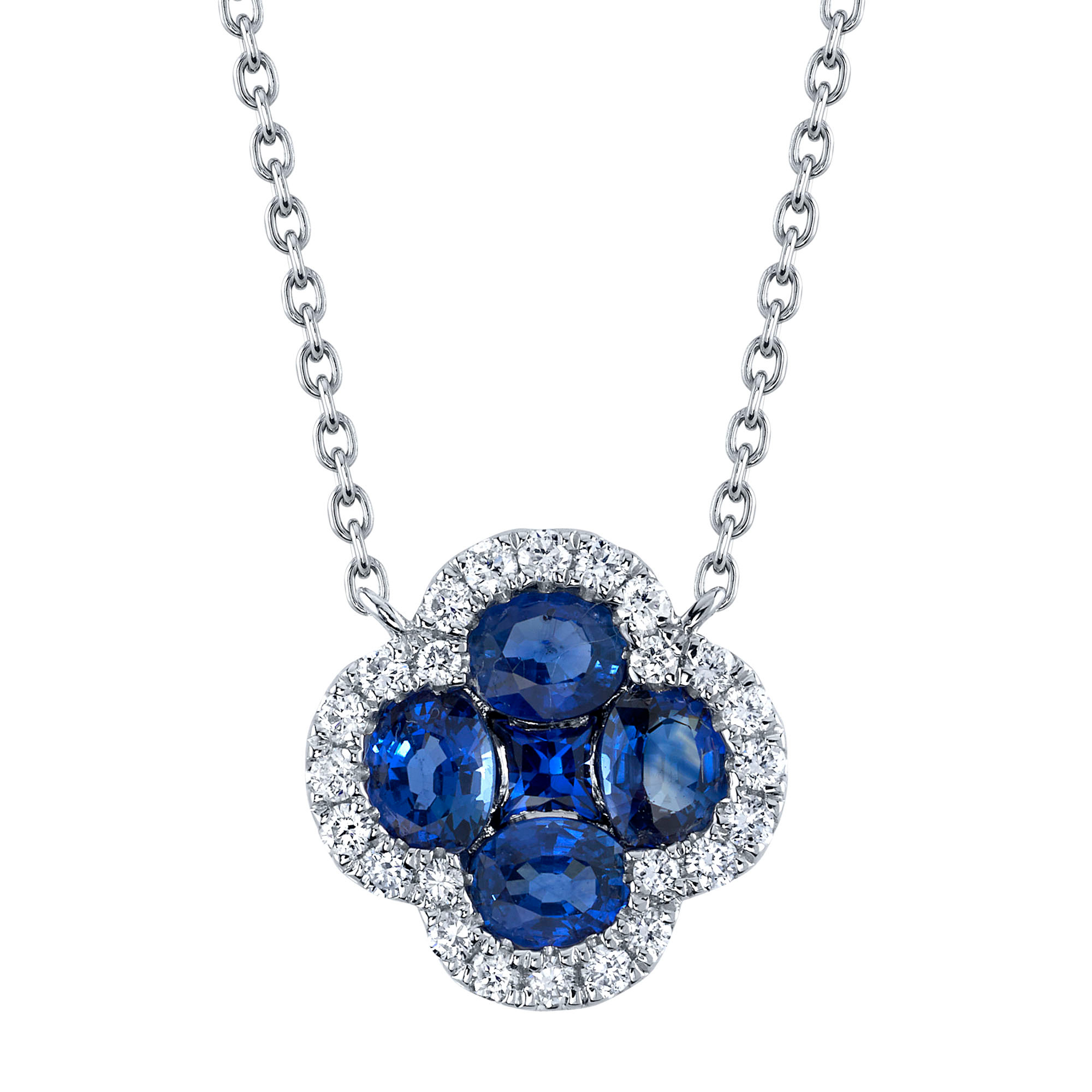 Shy Creation  Blue Sapphire and 1/6ctw Diamond White Gold Clover Necklace